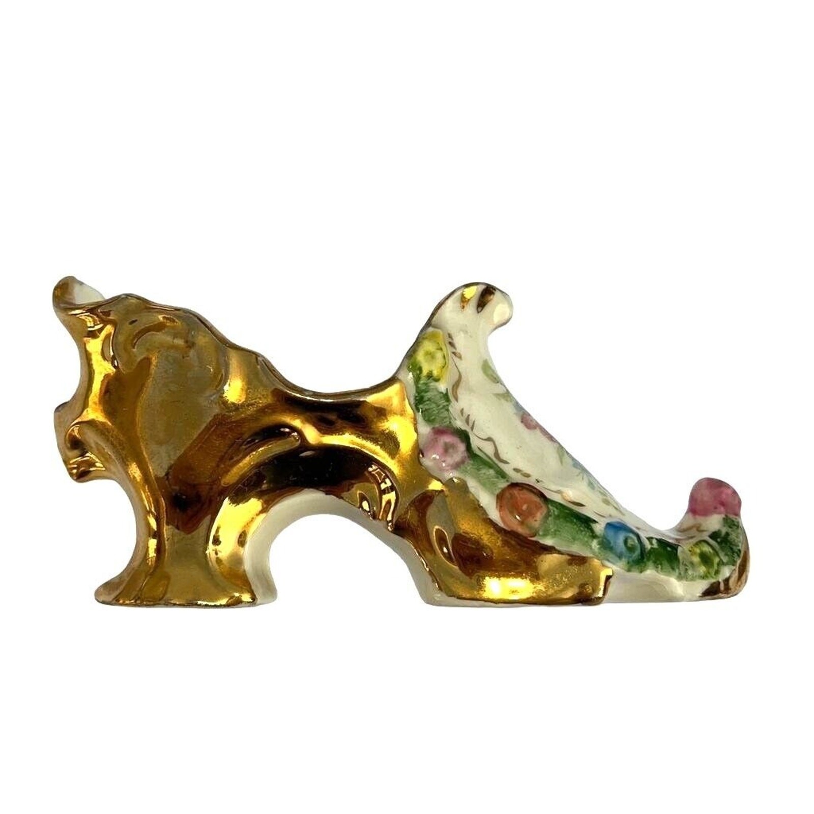 Vintage Porcelain Shoe Figurine Metallic Gold Floral Pattern Decor Collectible