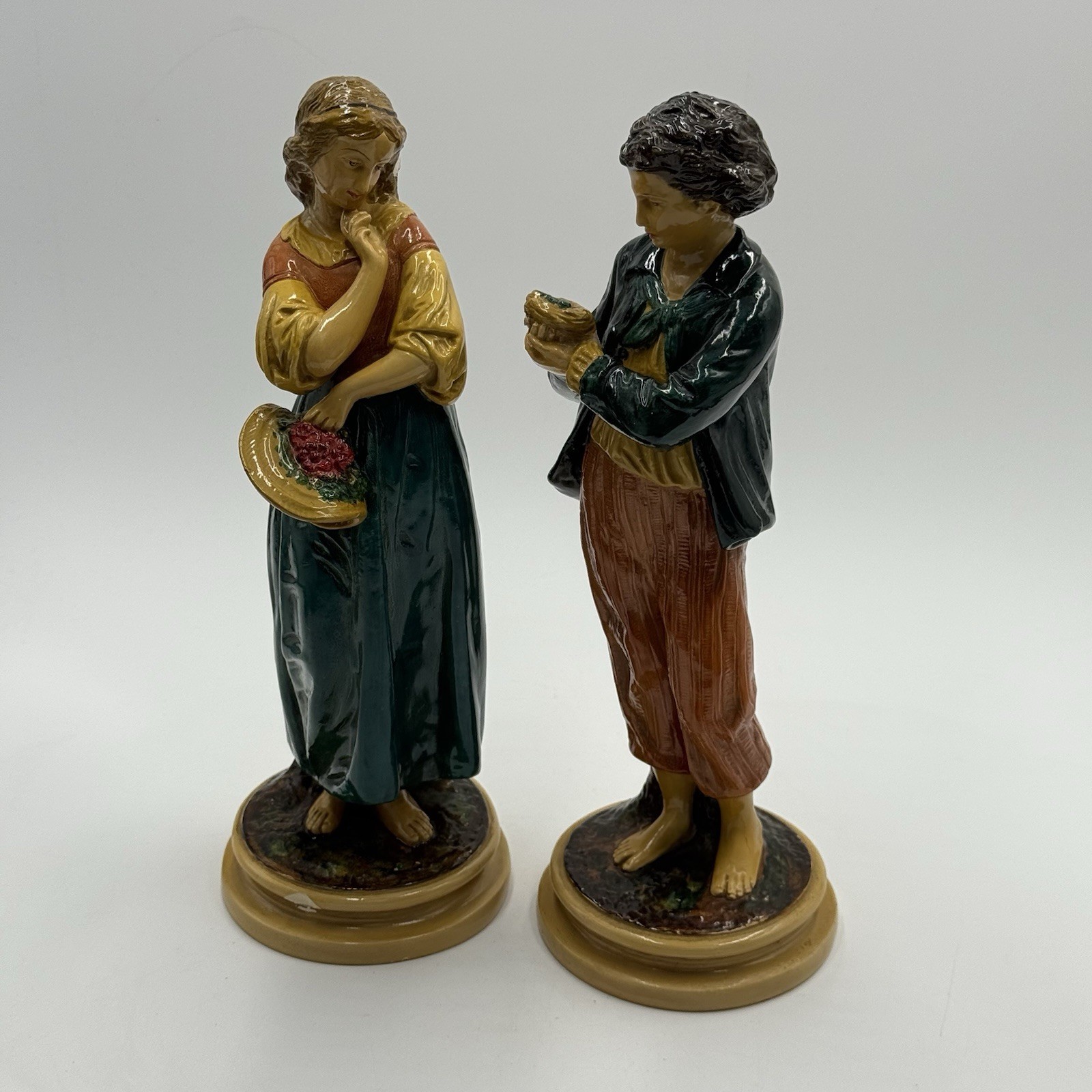 Borghese Chalkware Plaster Vintage Figurines Boy Holding Bird Nest Girl W/ Hat