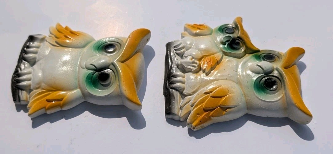 Vtg 1977 Miller Studio 2 Chalkware Owls Wall Hangers Cottage Farmhouse White 5″