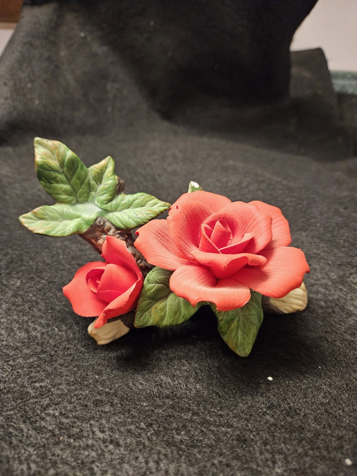 Vintage Porcelain Red Rose Figurine on Branch Hand Painted Matte Bisque Tiawan