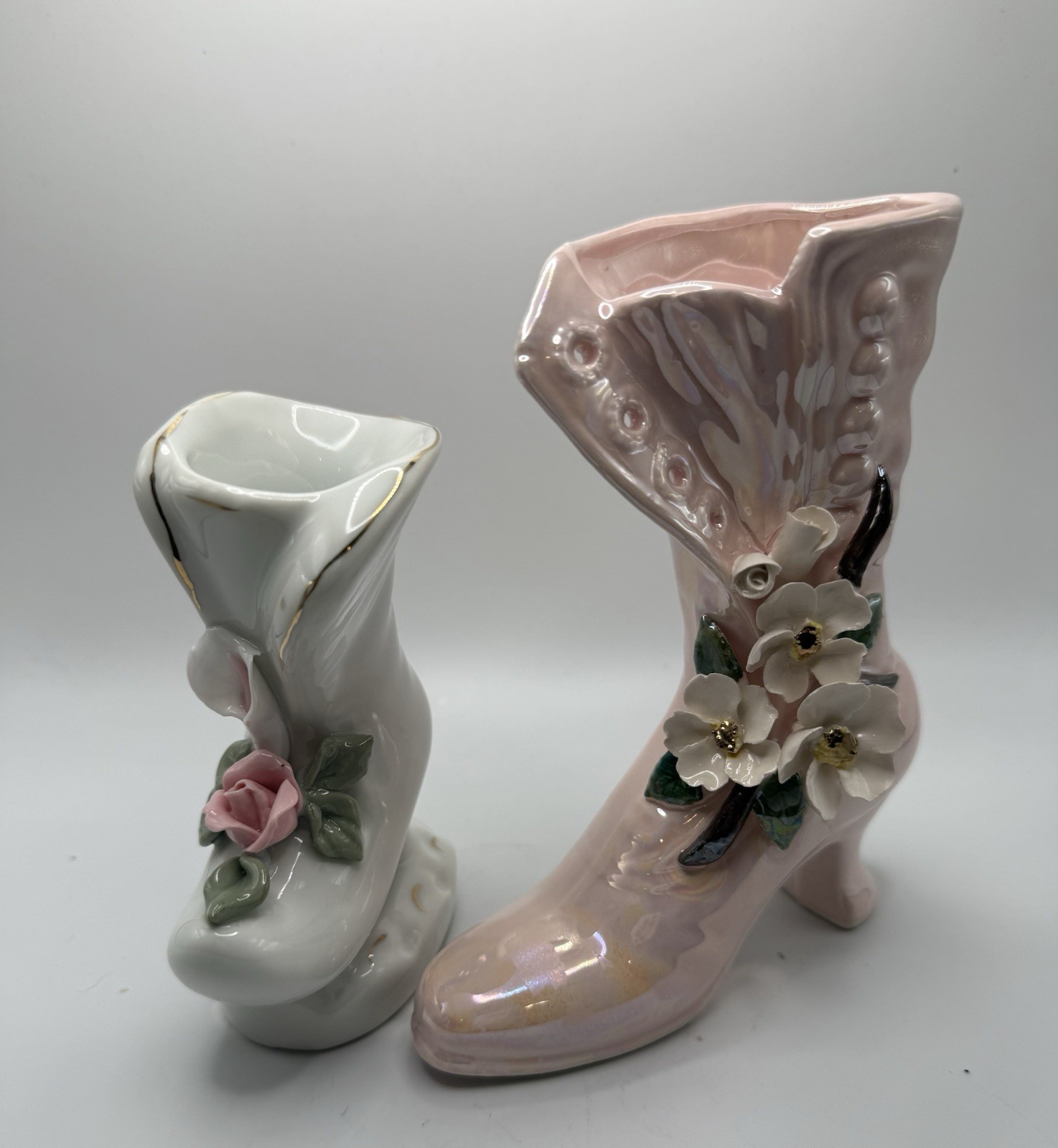 Vintage Porcelain Victorian Style Shoe Figurines W Attached Flowers Set Of 2