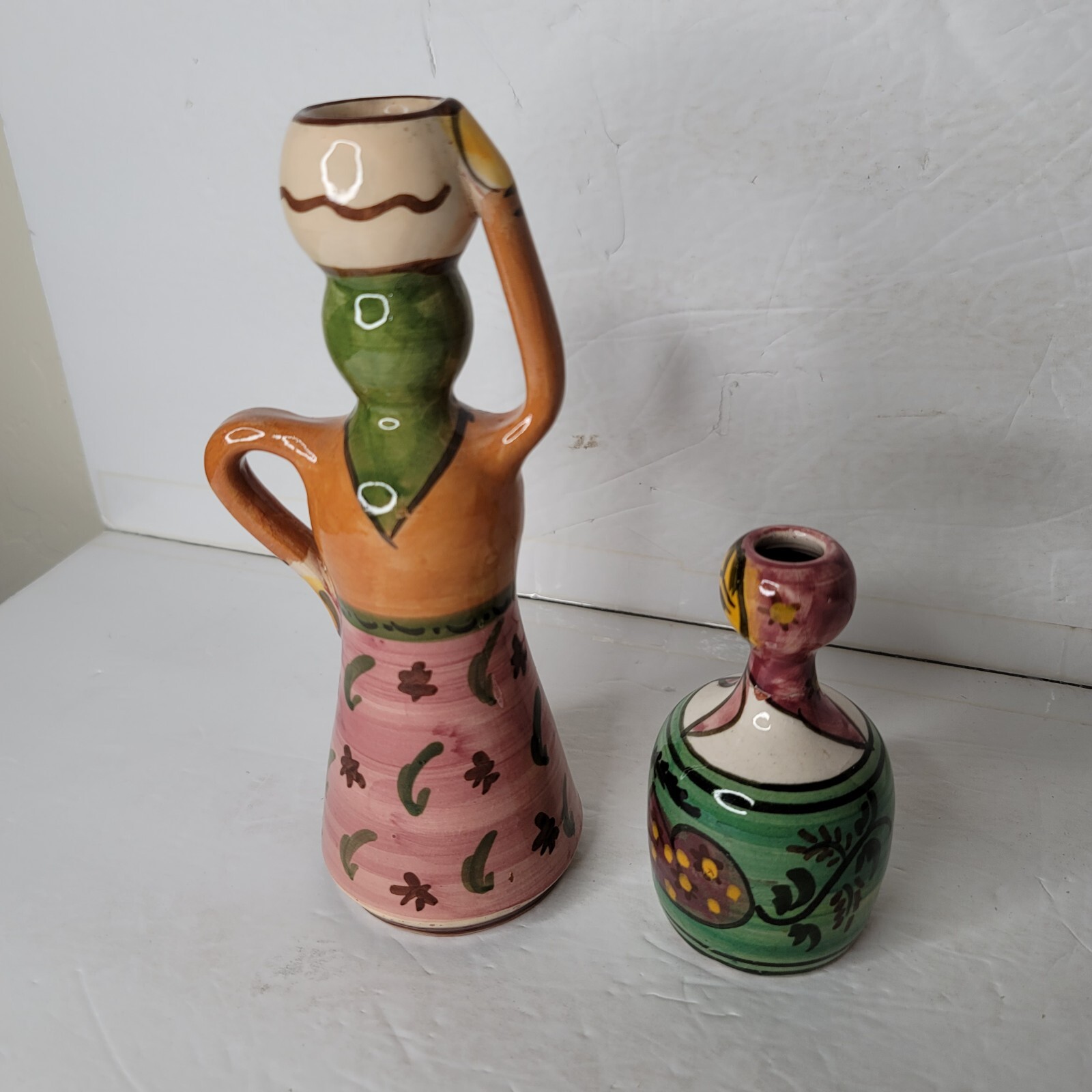 2 Vintage Small Redware Women Figurines Mexico? Italy? Appx 9 and 5″ Tall