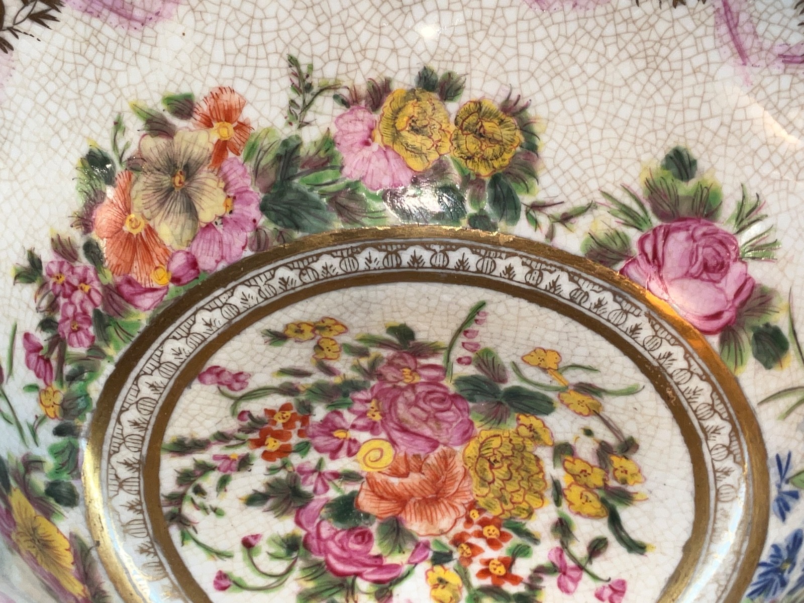11″ Bronze Ram Footed Ceramic Fruit Bowl Dish Painted Chinese Canton Rose Flower