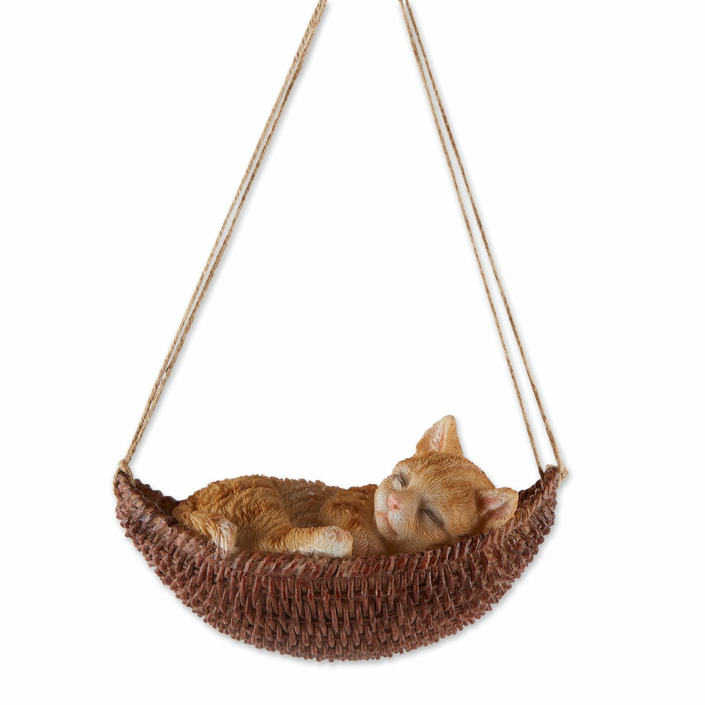 Brown Polyresin Whimsy Napping Cat On Hammock Figurine Indoor Outdoor Decor