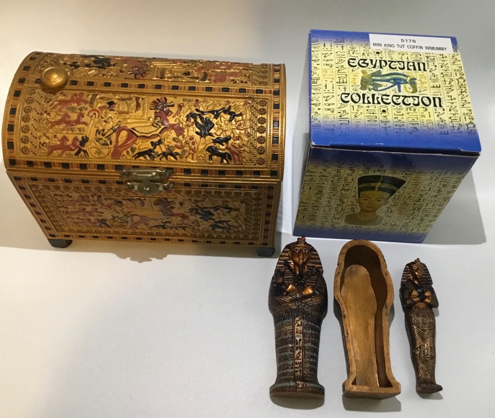 Hunting, Rituals and War Chest, Sarcophagus and KING TUT Figure Exhibit Souvenir