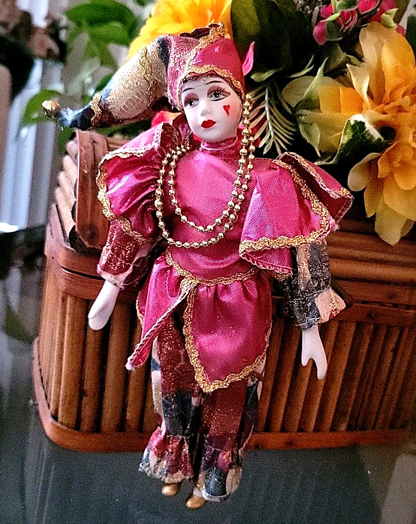 Porcelain Jester Harlequin Doll Burgundy Gold metallic Mardi Gras Clown Vintage