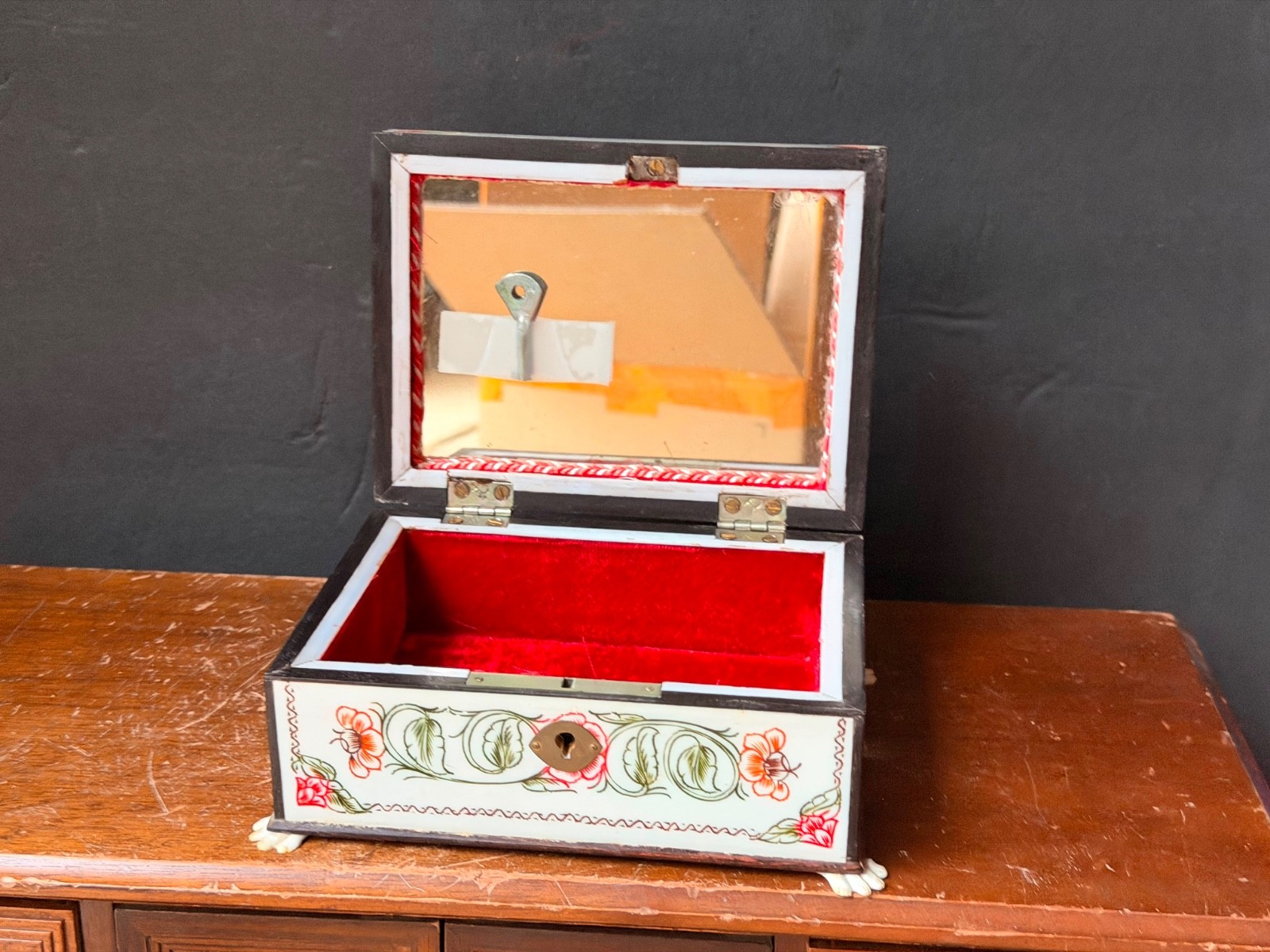 Vintage Hand Painted Indian Jewelry Box with Mirror Ornate Floral Keepsake