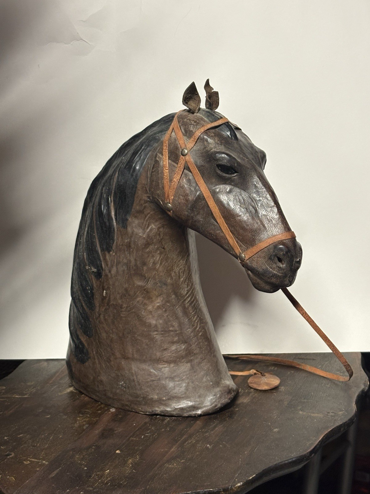Leather Horse Head Bust Sculpture w/ Bridle, Painted 3D Effect, Brown/Black