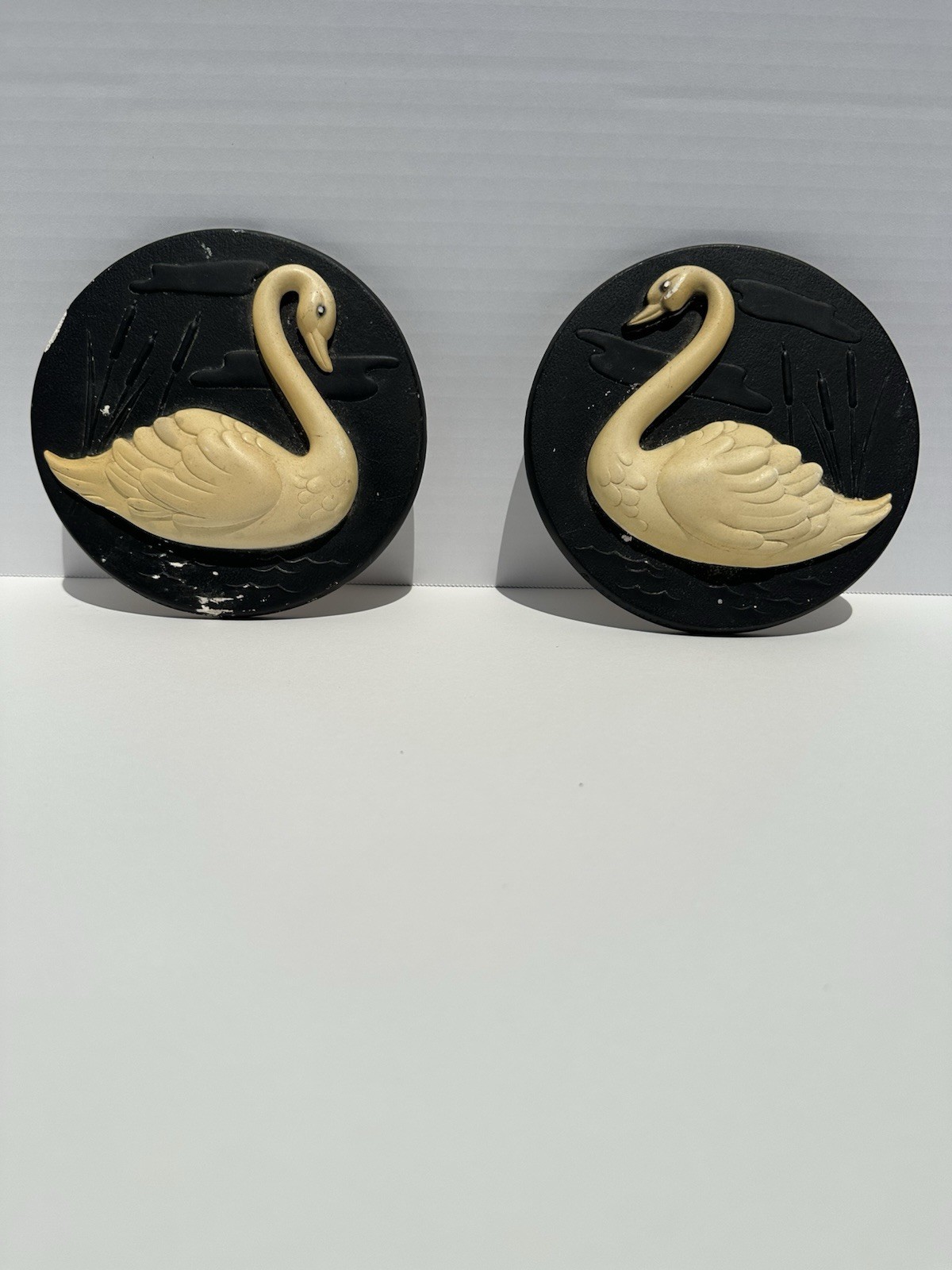 Vintage Chalkware Swan Plaques Wall Hangers Retro Miller Studio