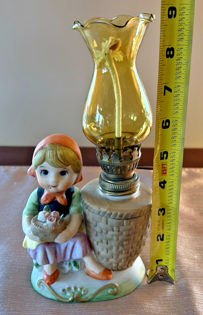 Vintage Bisque Porcelain Peasant Girl w/ Decorated Cake Oil Lamp Figurine Taiwan