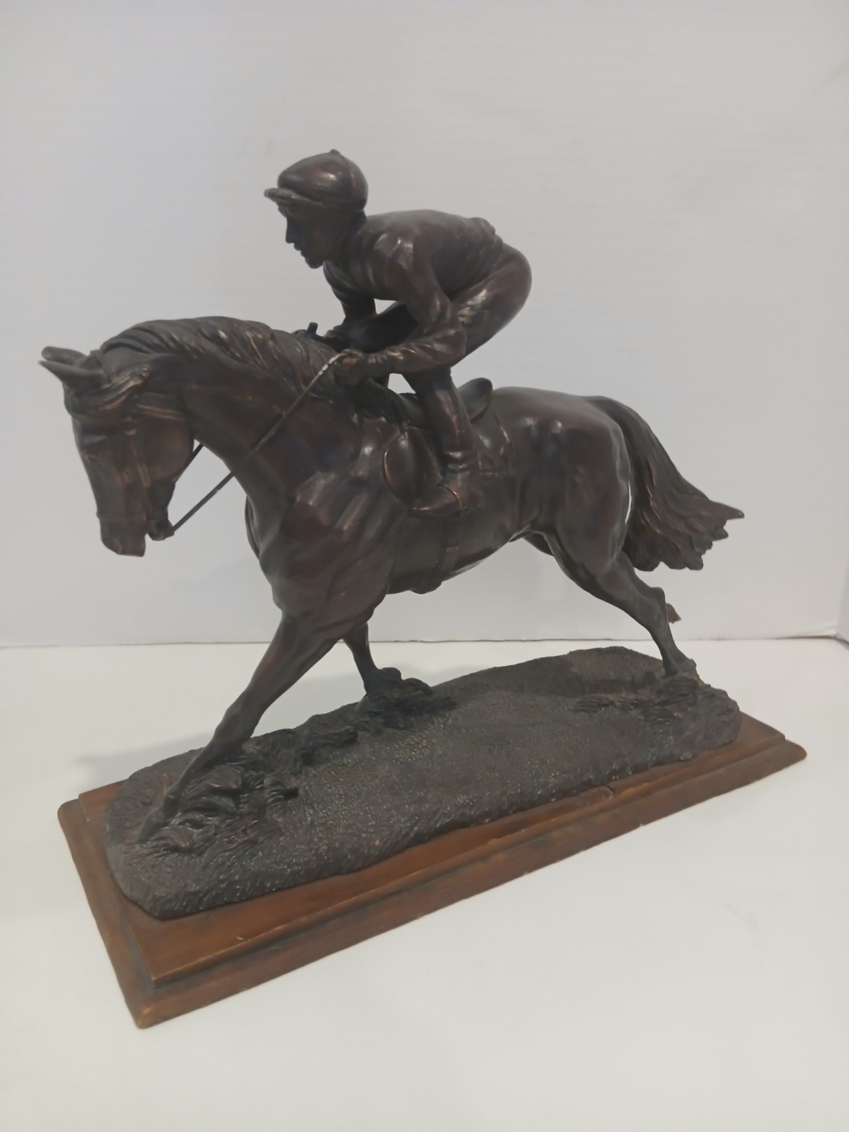 Bronzed Horse and Jockey Sculpture – Heavy Composite – Hand Painted on Wood Base