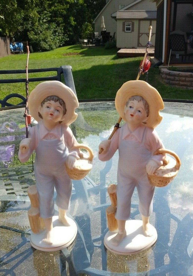 2 UCAGO FISHING BOYS ORIGINAL POLES VINTAGE JAPAN BISQUE HAND PAINTED EX COND
