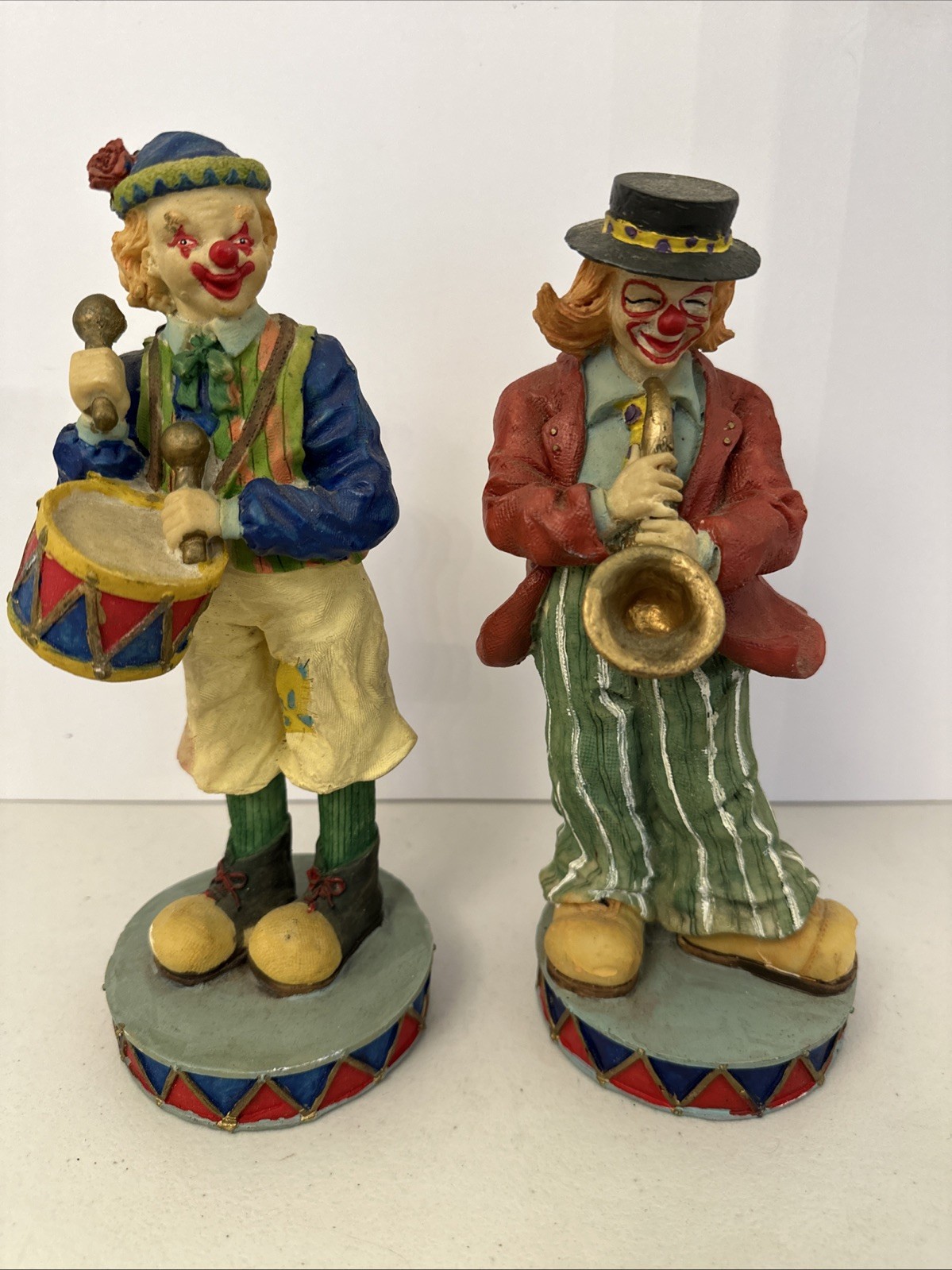 Vintage Set Of 2 Musician Clowns Playing Drum And Saxophone 9”