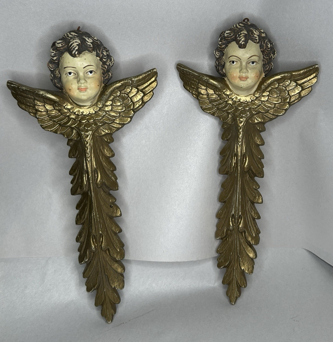 Pair Vintage Cherub Angel Christmas Ornaments Florentine Style Gold 9”