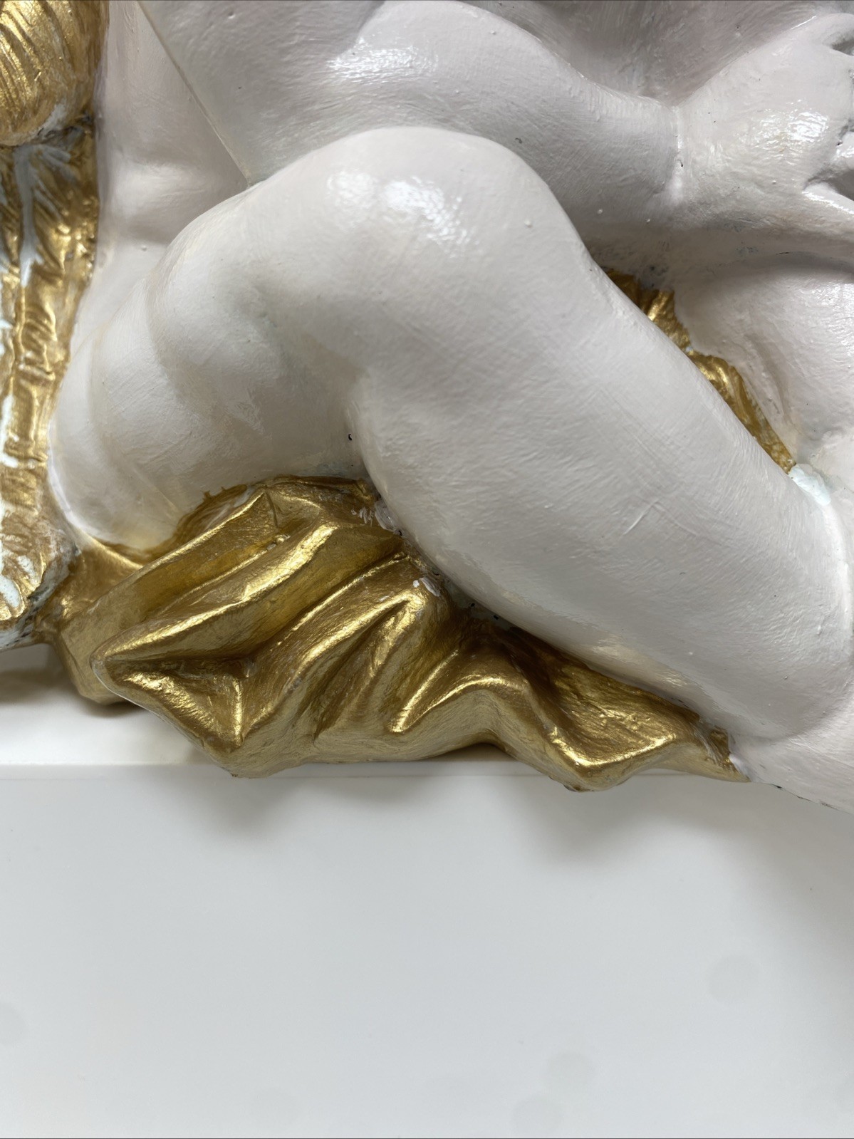 VTG Winged Cherub Angel Sitting Hand painted Gold/ White 10” H