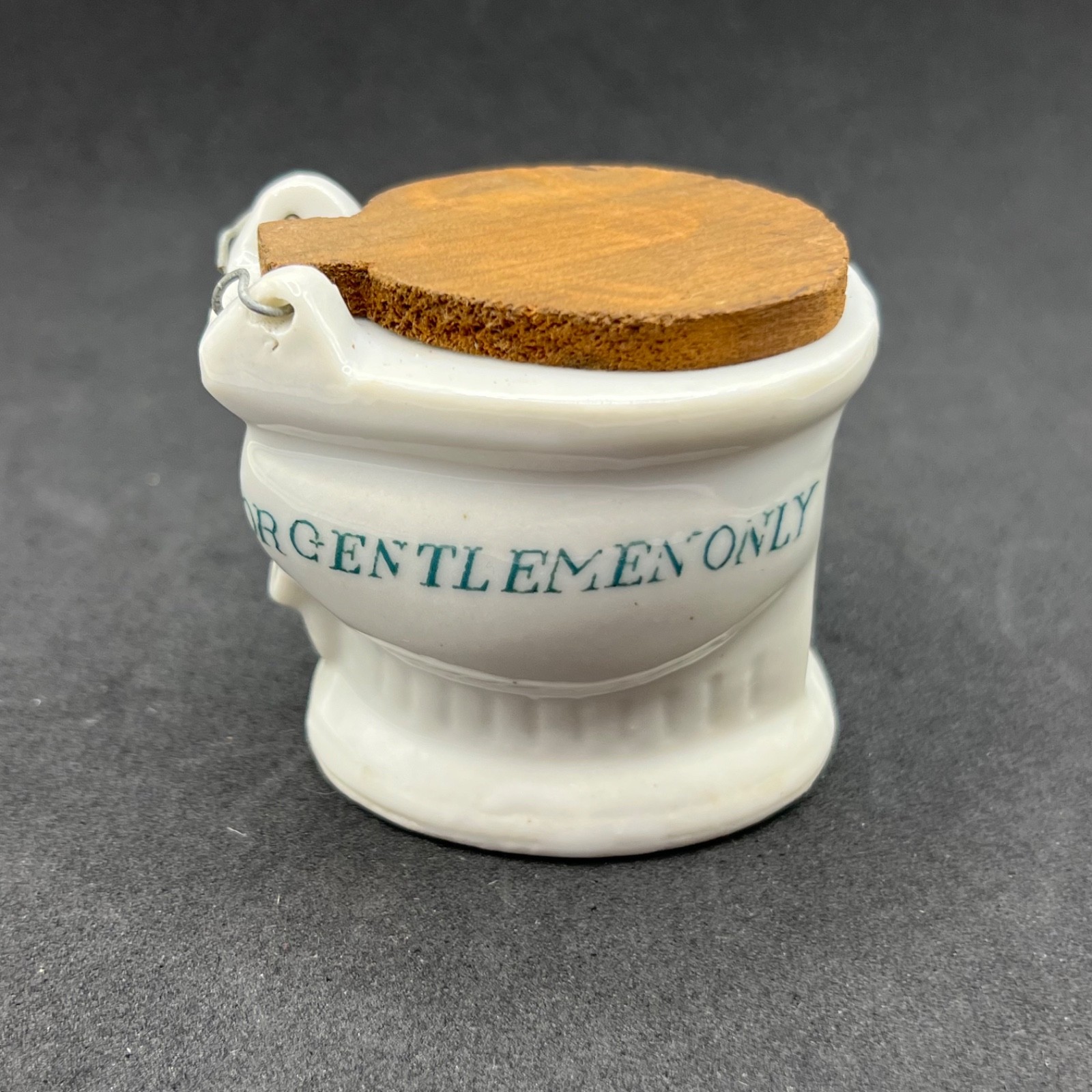 Vintage Japan Porcelain For Gentlemen Only Toilet Figurine Wood Lid MCM