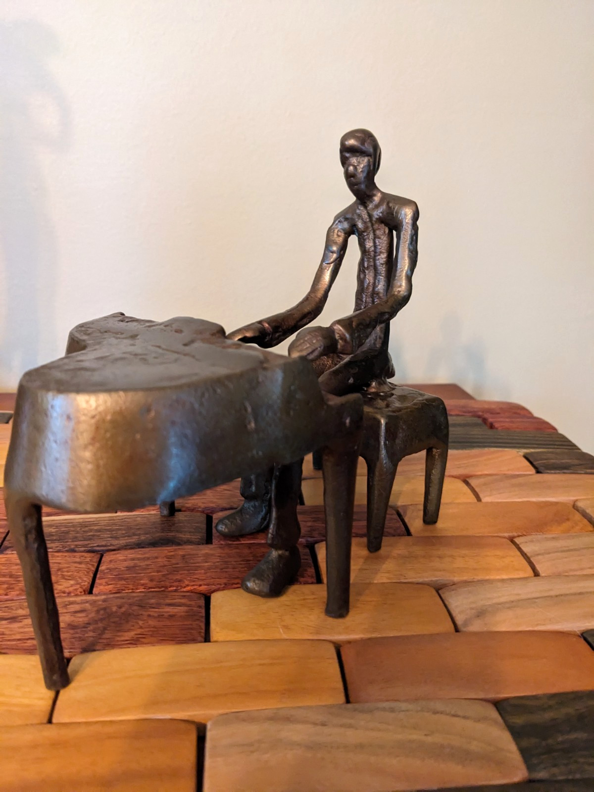 Brutalist 1960s MCM Bronze Metal Sitting Man Playing Piano FIgurine Scultpure