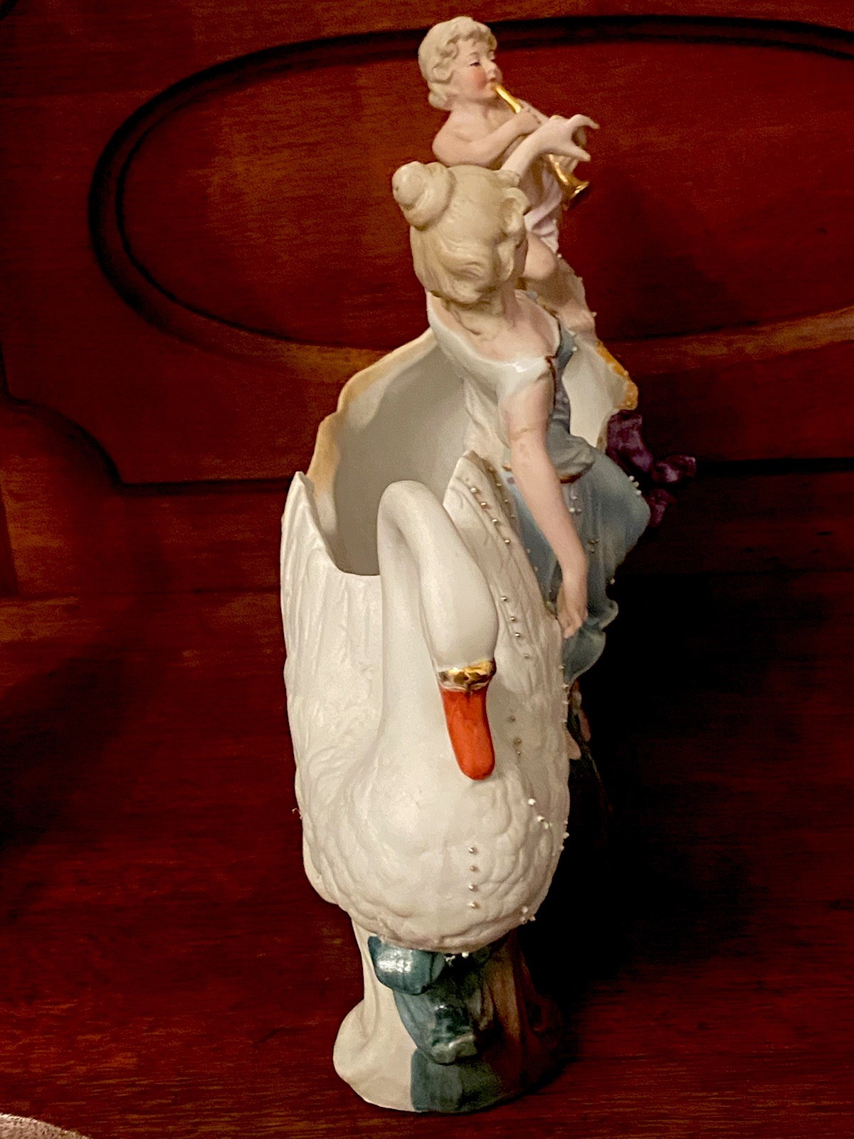 2 German Vintage Bisque Cherub Swan Lady Porcelain Planters 2373 Antique
