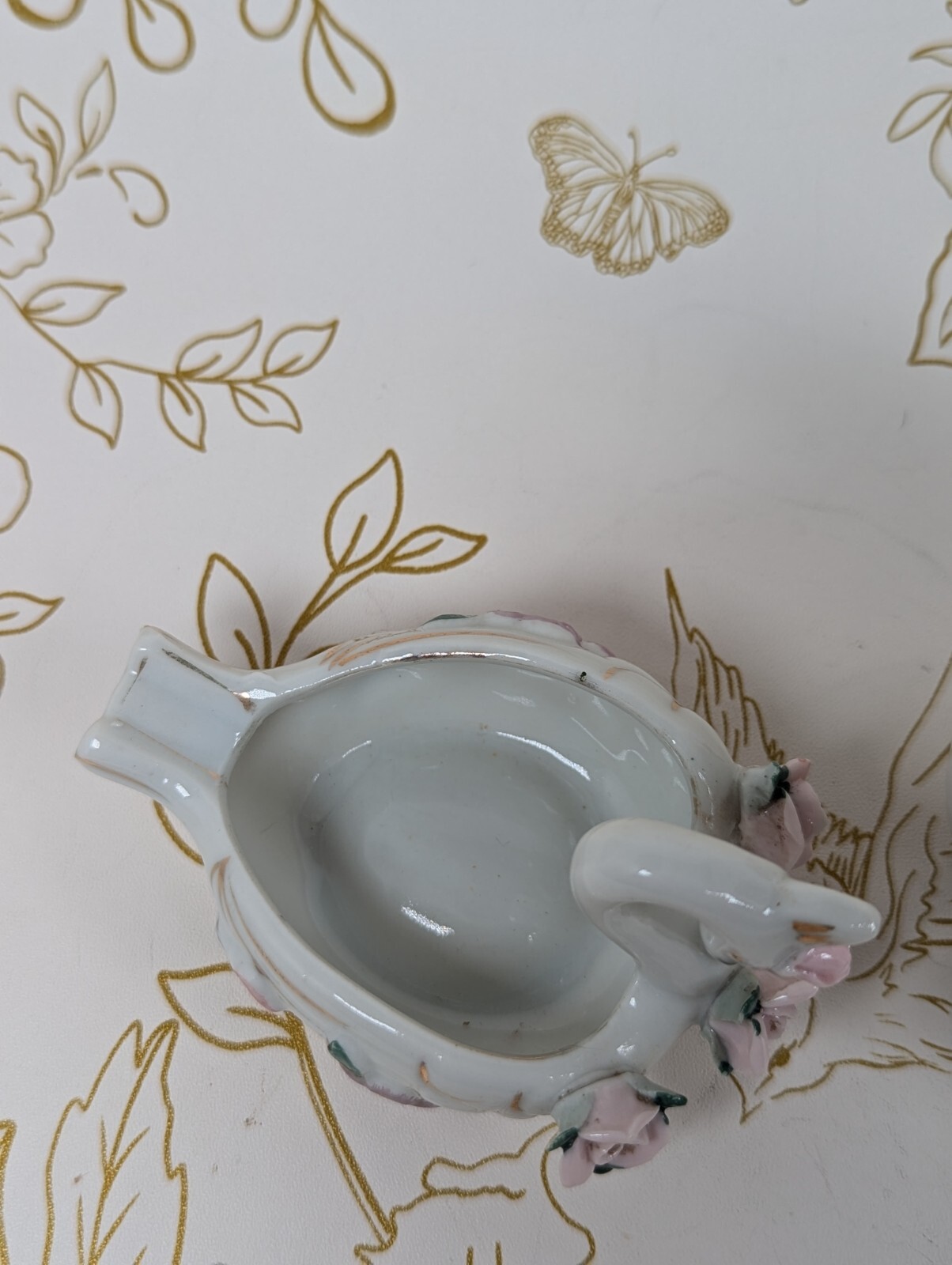 Swan Ashtray & Trinket Dish Japan Gold Accent Flowers Set Of 2 Porcelain Vintage