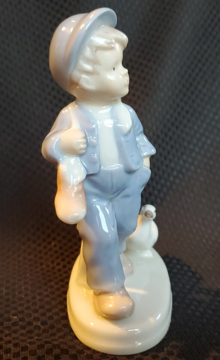 Vtg Boy With Ducks Geese Porcelain Figurine Carrying Pink Shoes Blue White Japan