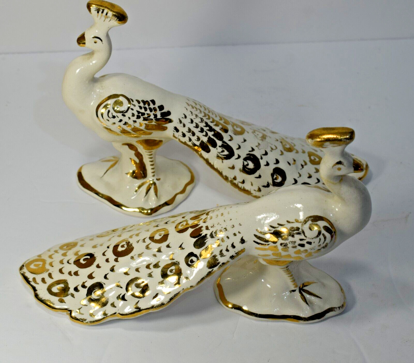 Vintage Ceramic Peacock Figurines Set of 2 White Gold Decorative Birds