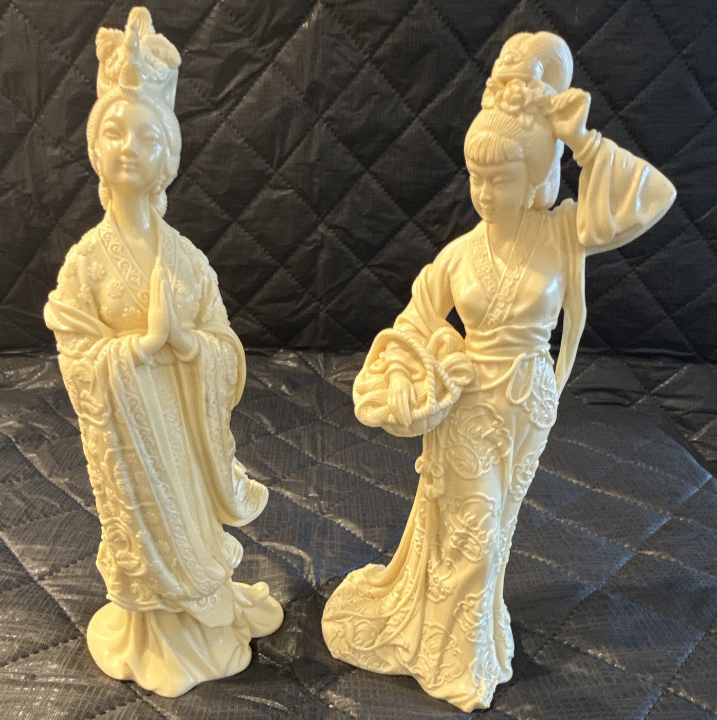 White Porcelain Asian Style Women Figurines Pair Floral Glossy 3D 10in