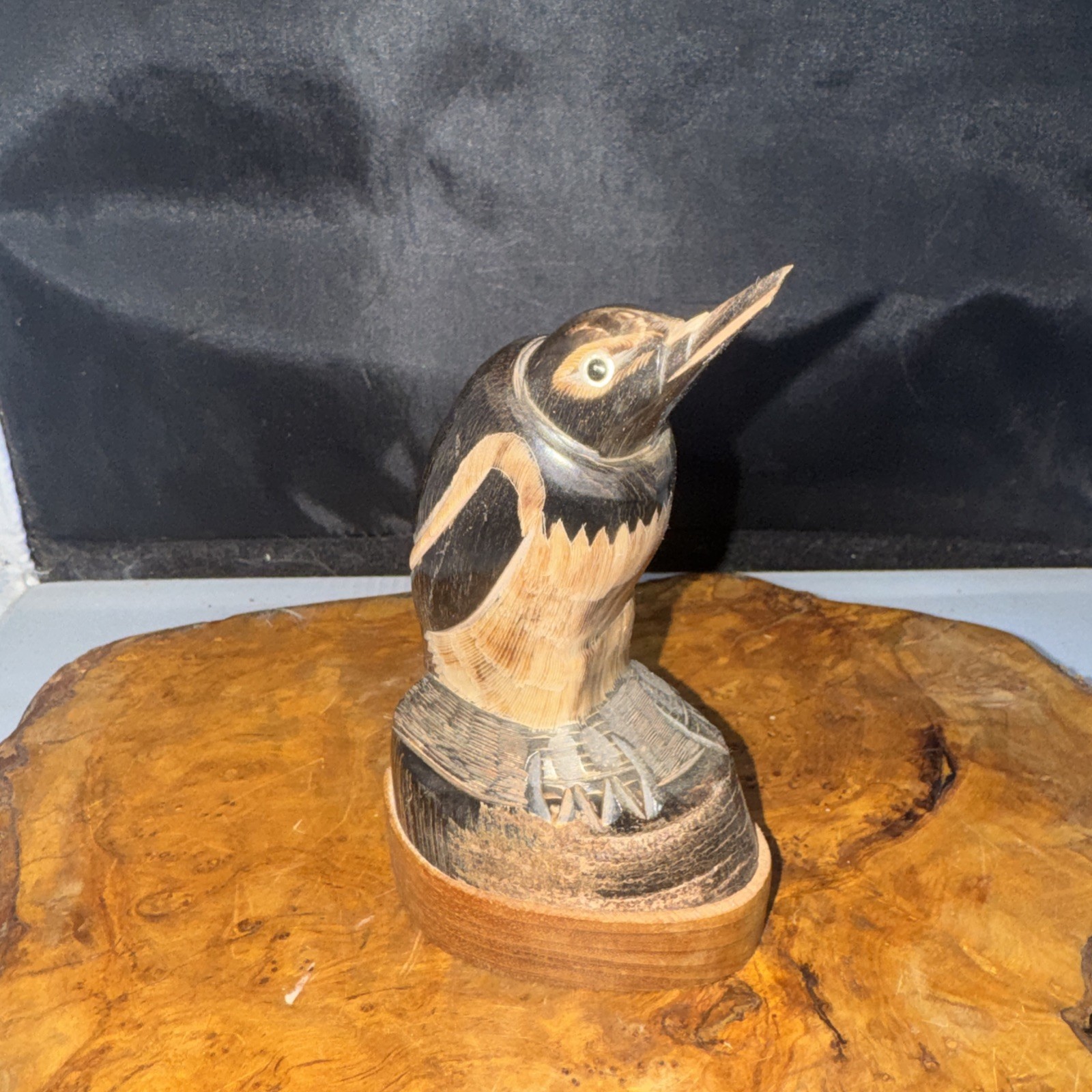 Vintage 1997 BARRY STEIN Hand Carved Cattle Horn Penguin Figurine Signed Art