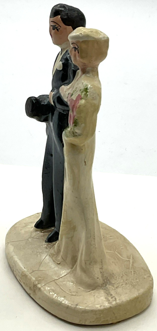 Vintage Chalkware Wedding Cake Topper Man Woman Marriage Formal Hand Painted