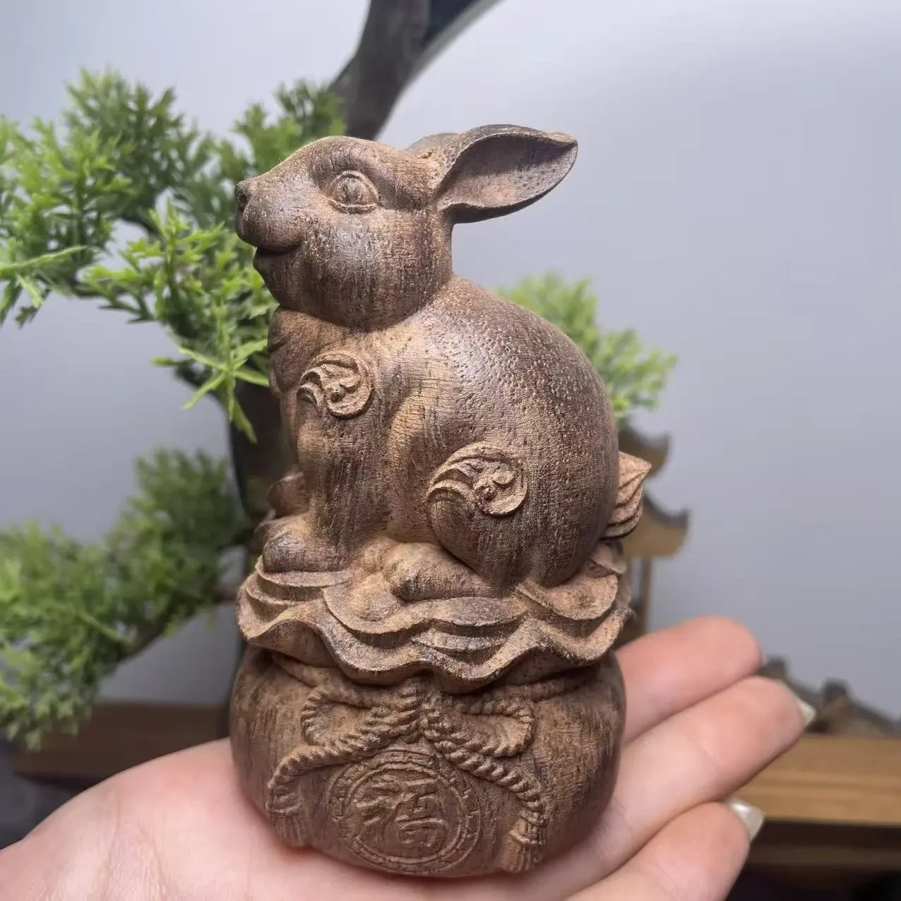 4″ Natural Wood Carving Zodiac Rabbit Statue Carft Home Table Fengshui Ornament