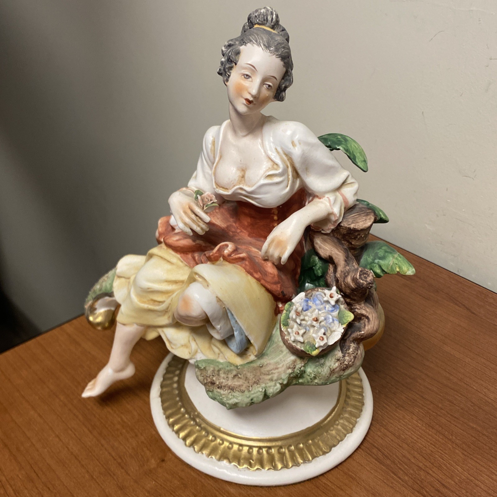 Victorian Capodimonte Porcelain Figurine Woman With Flowers