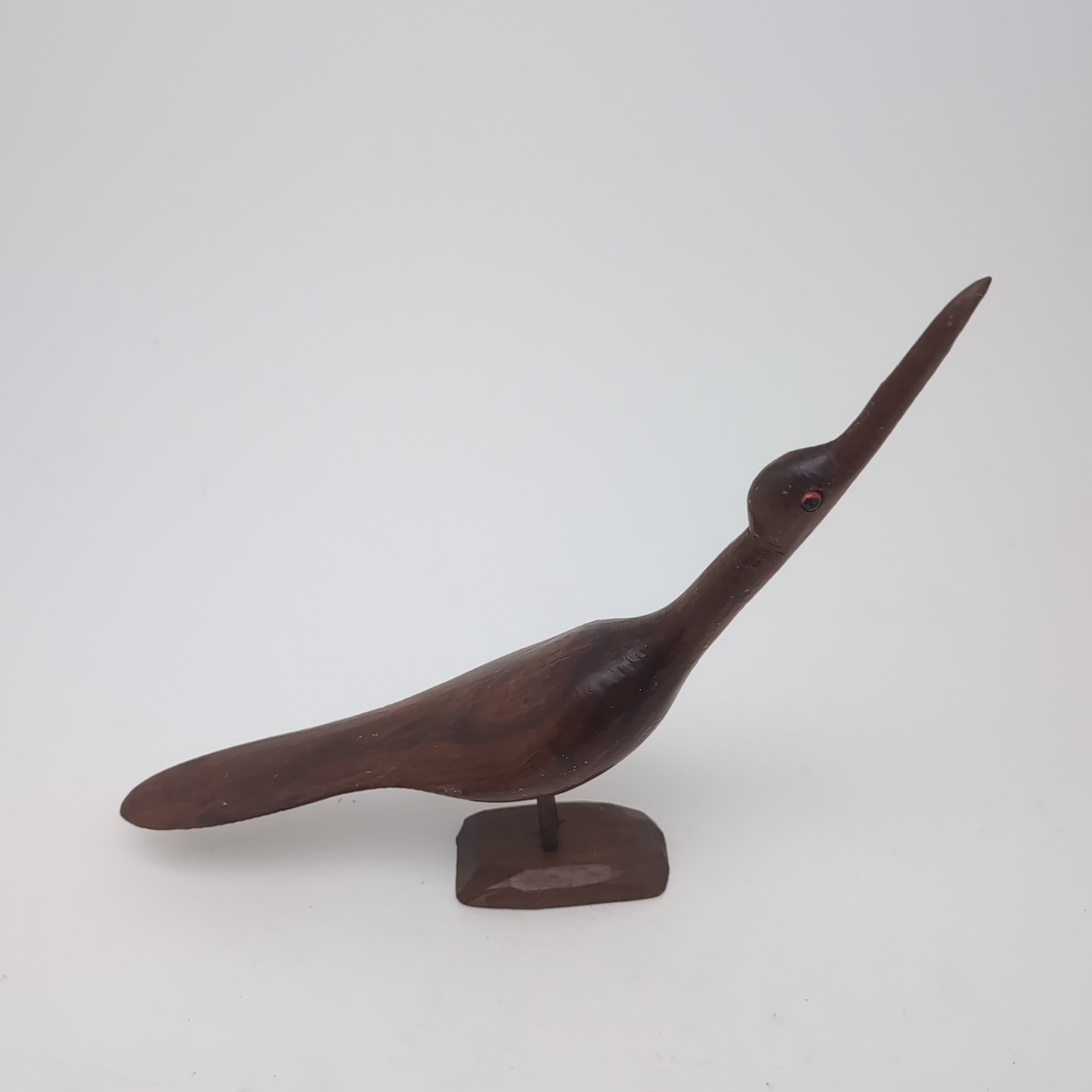 Vintage Handmade Folk Art Dark Wood Shore Bird Figurine 11″ Red Eyes