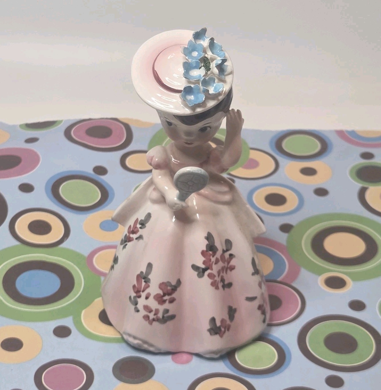 Vtg Lefton Girl Figurine Pink Dress Mirror Flower Hat Ceramic 1448 4.75″ READ