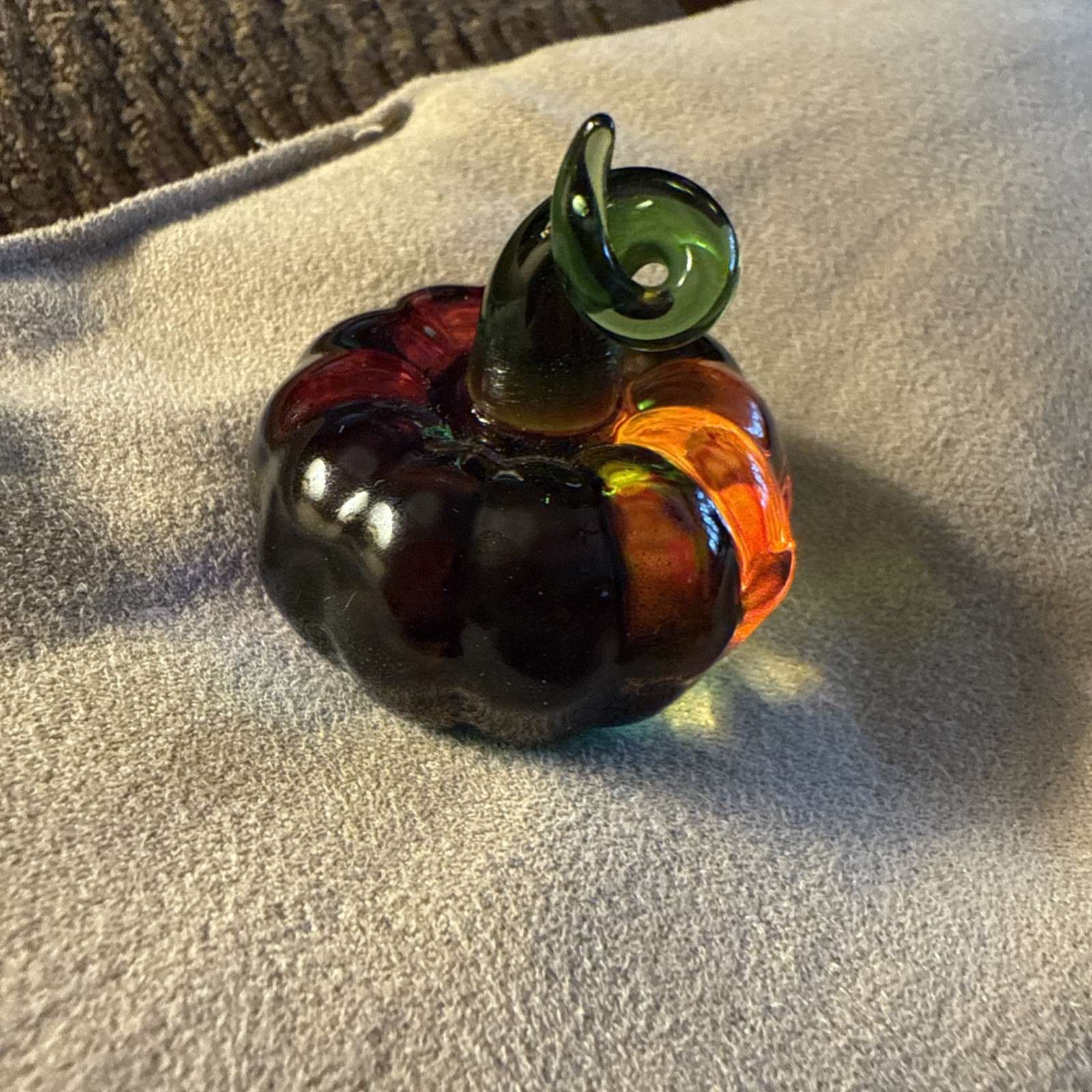 Handcrafted Glass Multi Colored Pumpkin With Green Stem Figurine