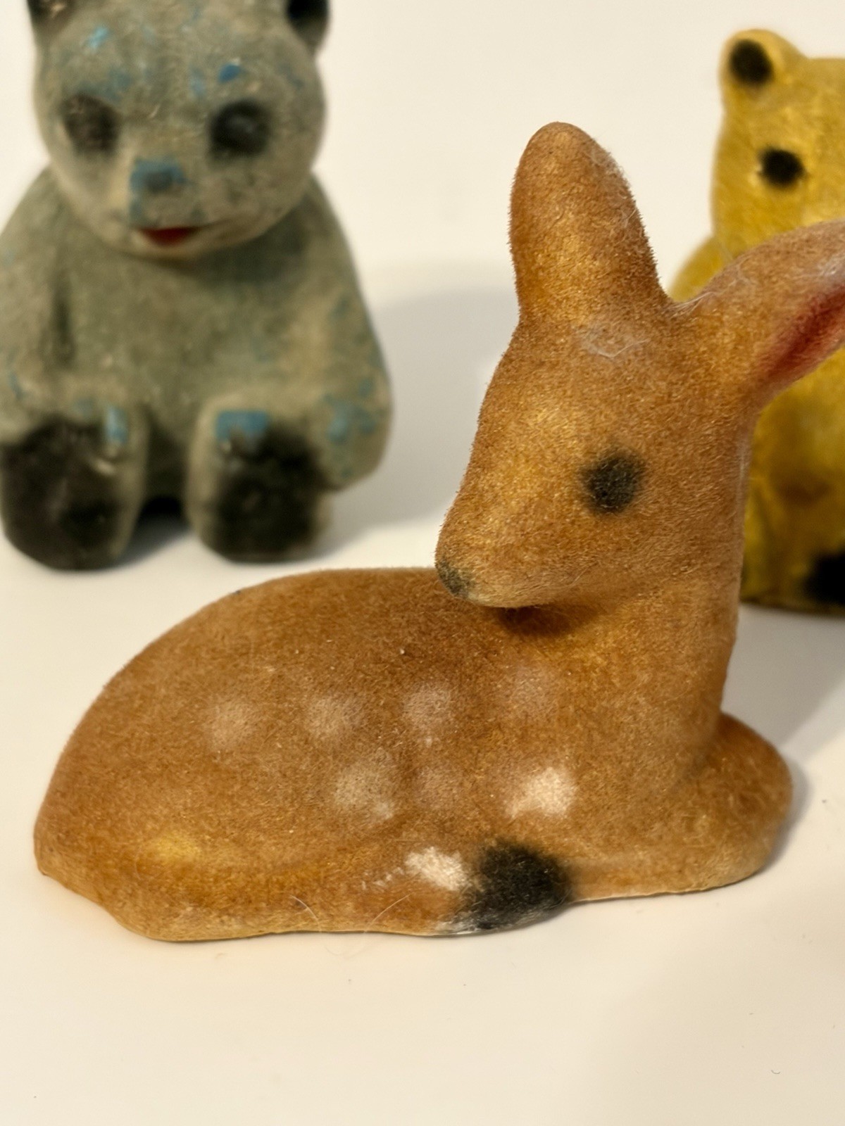 Vintage Small Flocked Animals Bears And Deer Figures Fuzzy Ceramic