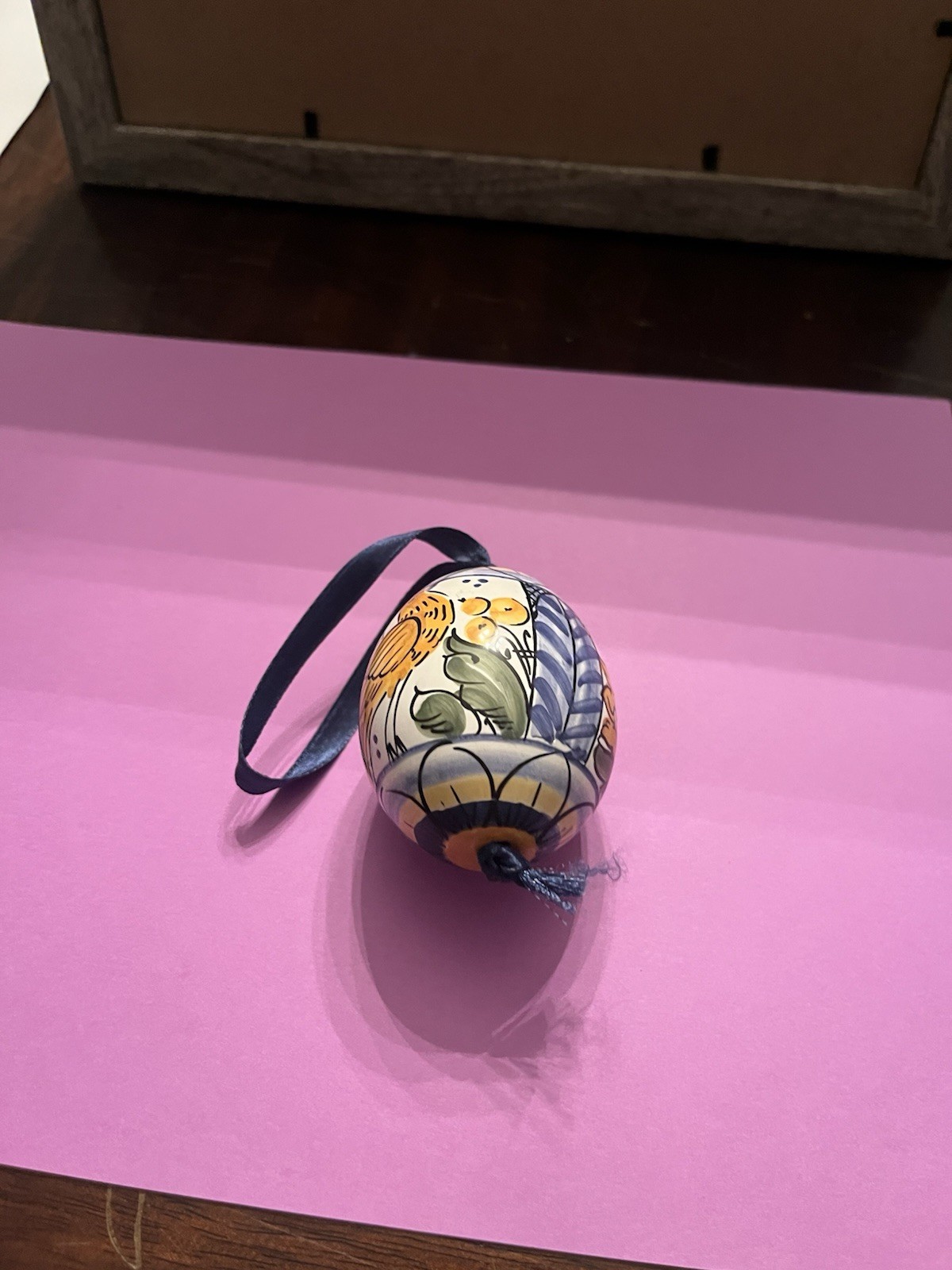 Ceramic Decorative Egg 3 Inch Length Blue And Yellow Mediterranean Decor