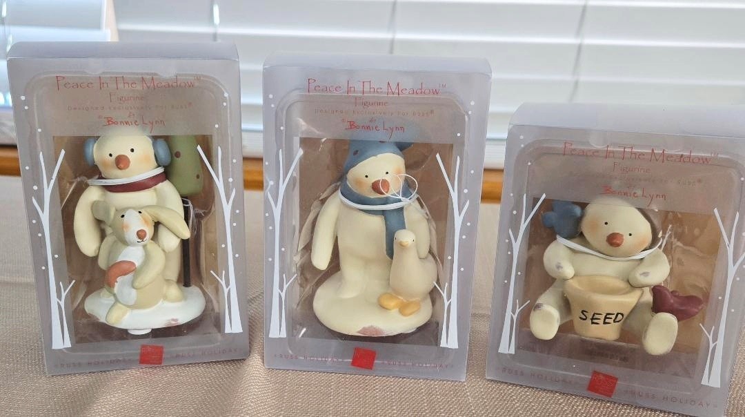 Lot of 3 Bonnie Lynn Russ Peace in the Meadow Figurines Snowmen–New w/Boxes