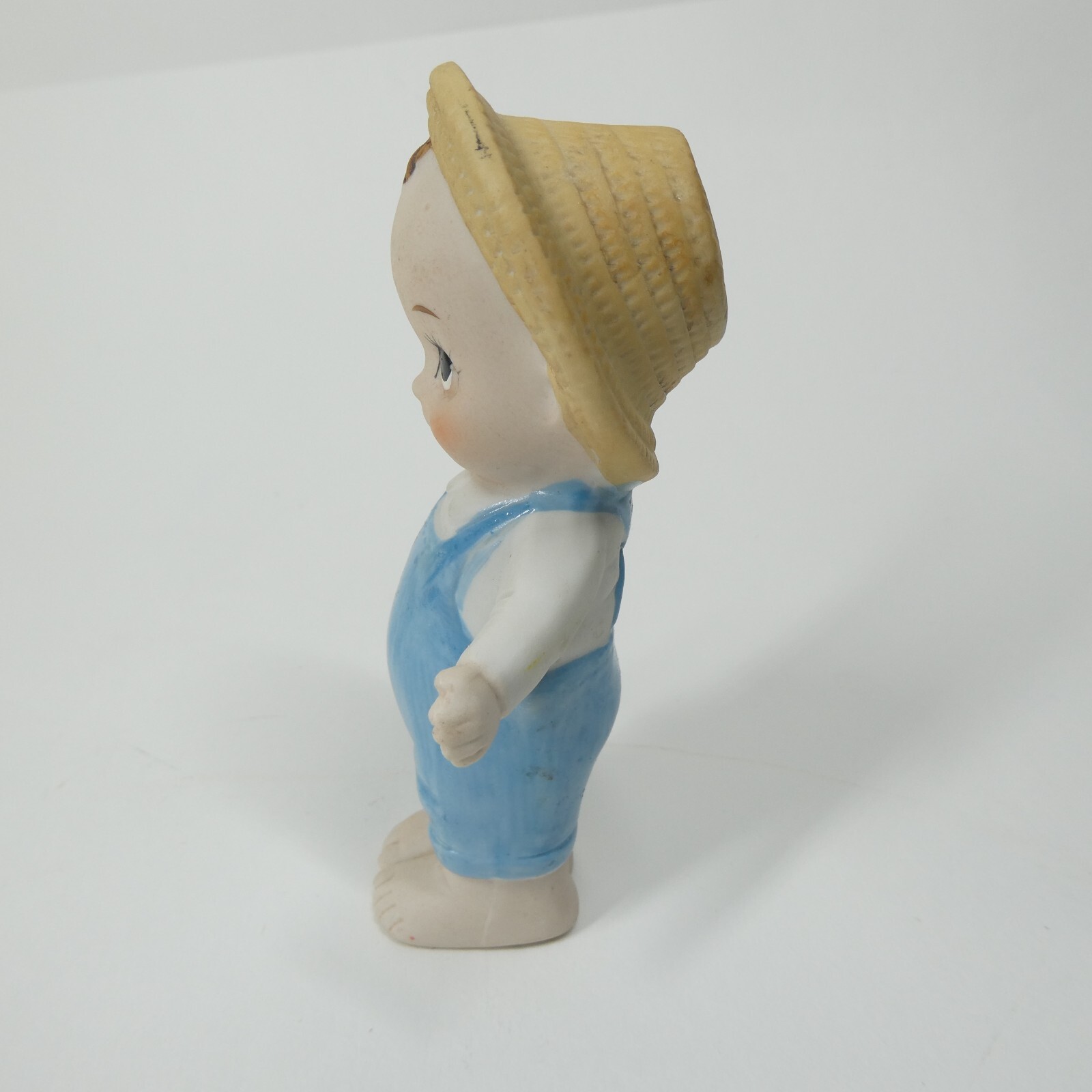 Bisque Kewpie Doll Porcelain Figurine Vintage Farmer Overalls Hat 4.5″ Tall