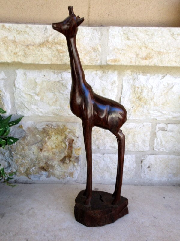 Hand Carved Dark Wood Large 21″ Standing Giraffe Figurine Exotic Safari Animal