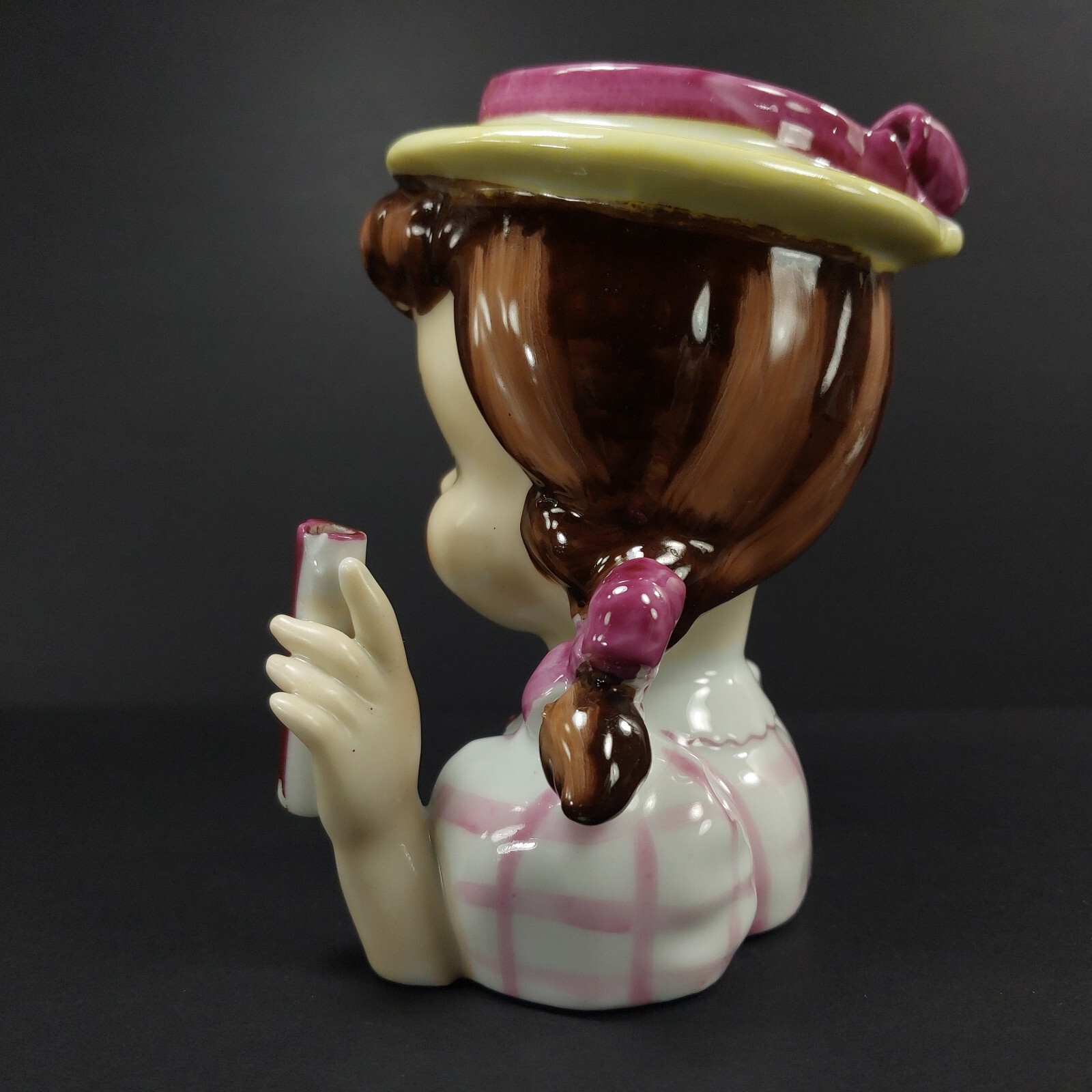 Napco Head Vase Planter Pink Plaid Pigtailed Porcelain Unbrella Lady Japan