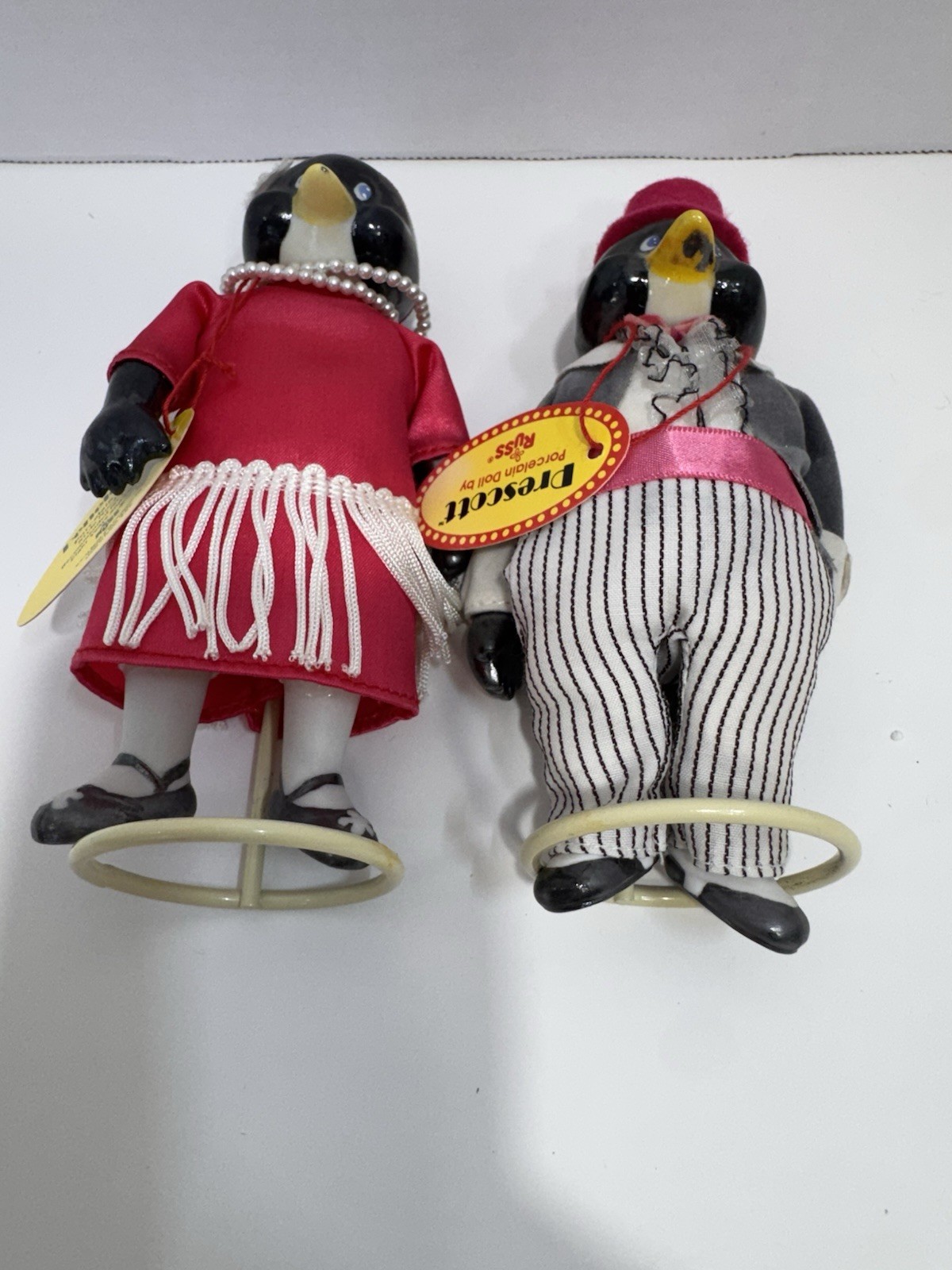 Russ Porcelain Dolls Penguins Penelope 1679 & Prescott 1678 Figure With Stands