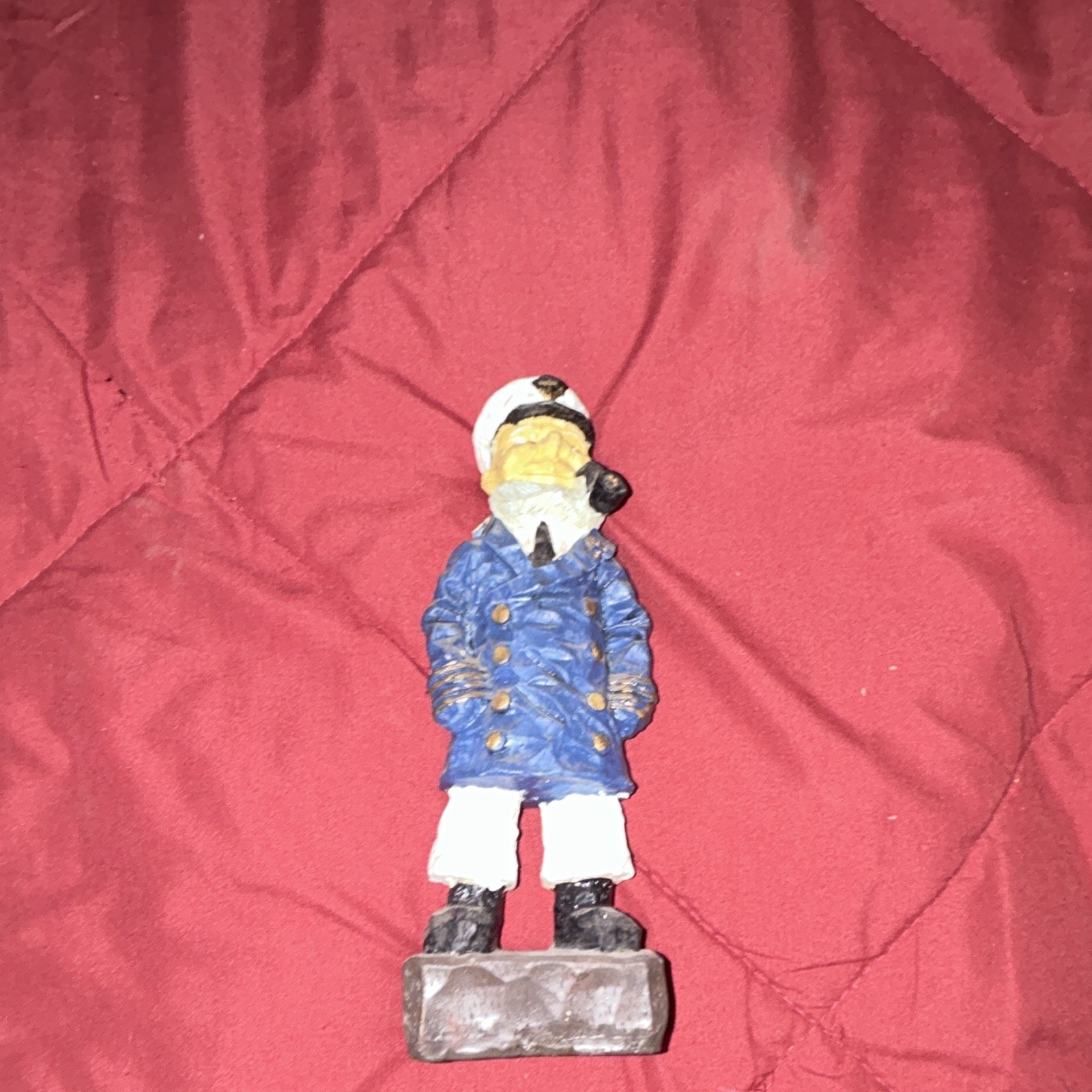 Hand Painted Wooden Nautical Sailor Figurine Blue Coat White Hat Pipe Gray Base