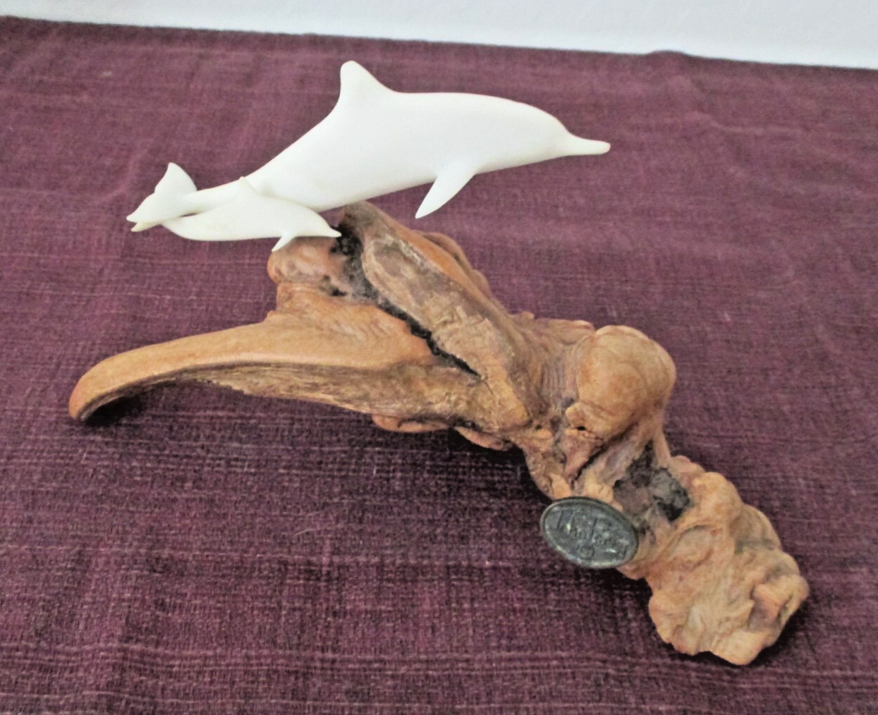 Vintage 1980s John Perry Dolphin Sculpture on Driftwood Base Mother & Baby AZ24