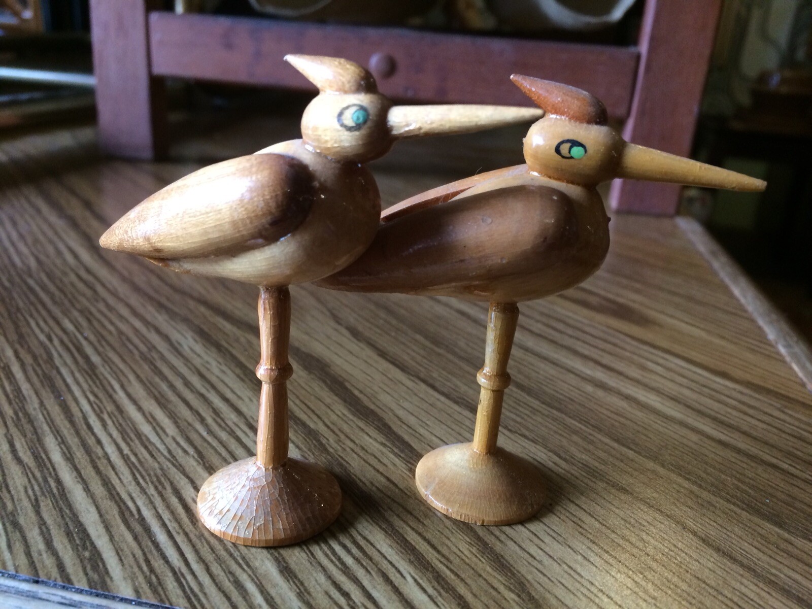 Vintage Mid Century Modern Pair Of Handmade Wood Carved Birds Bird