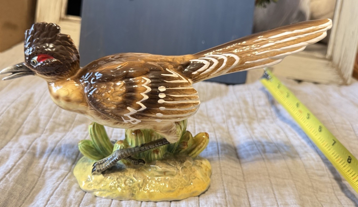 Hand Painted Ceramic Roadrunner Bird Figurine Brown Green Yellow 11″ x 5″