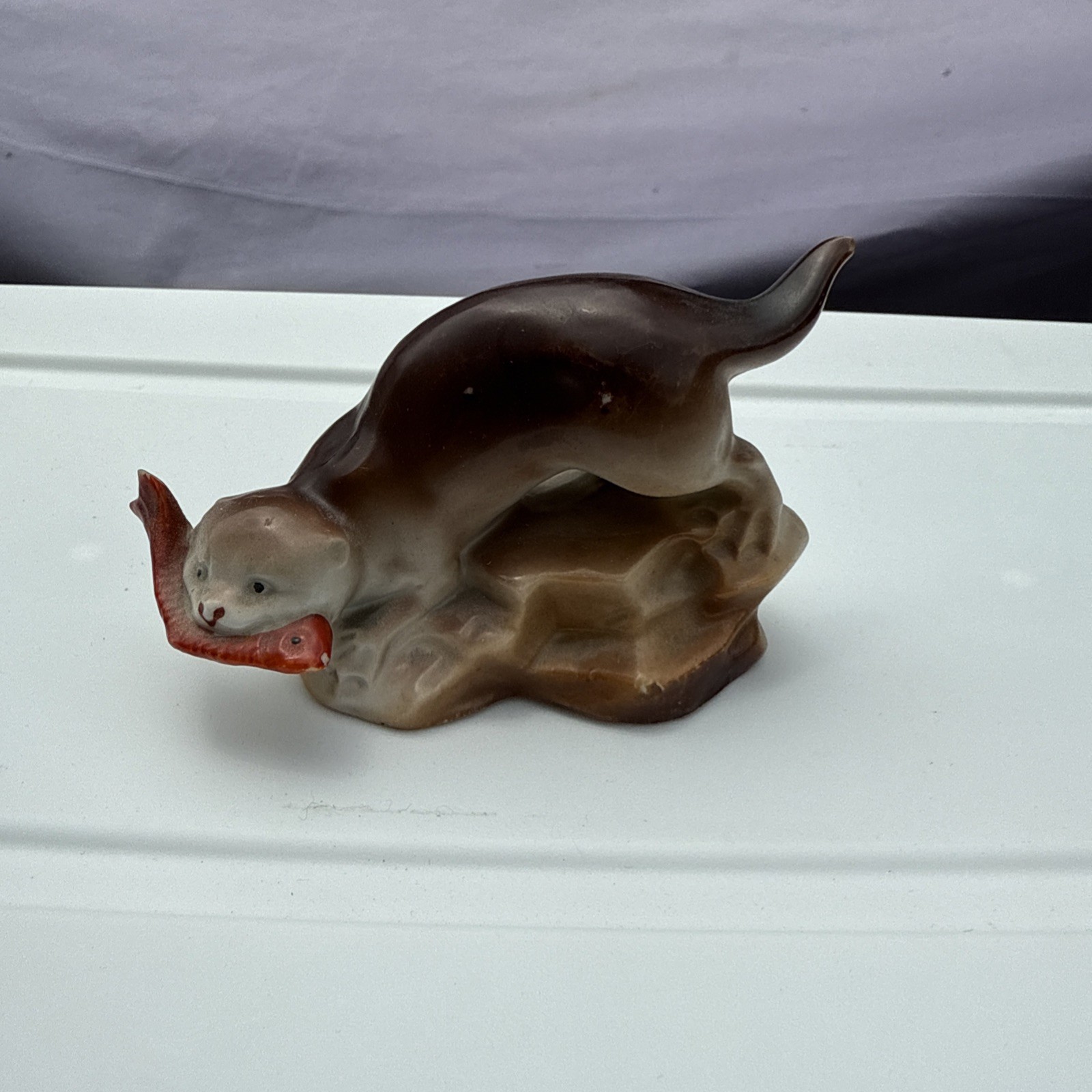 Vintage 3” Otter With Fish Figurine Decor Made In Germany
