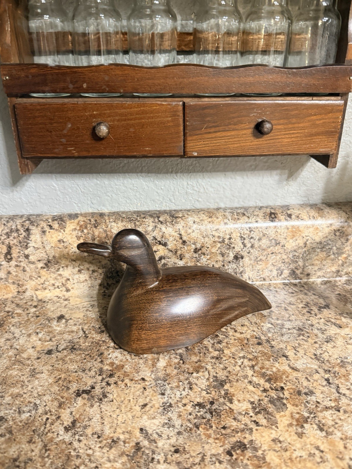 Vintage Carved Wooden Duck Figurine- Brown Smooth Finish Wood Grain Pattern