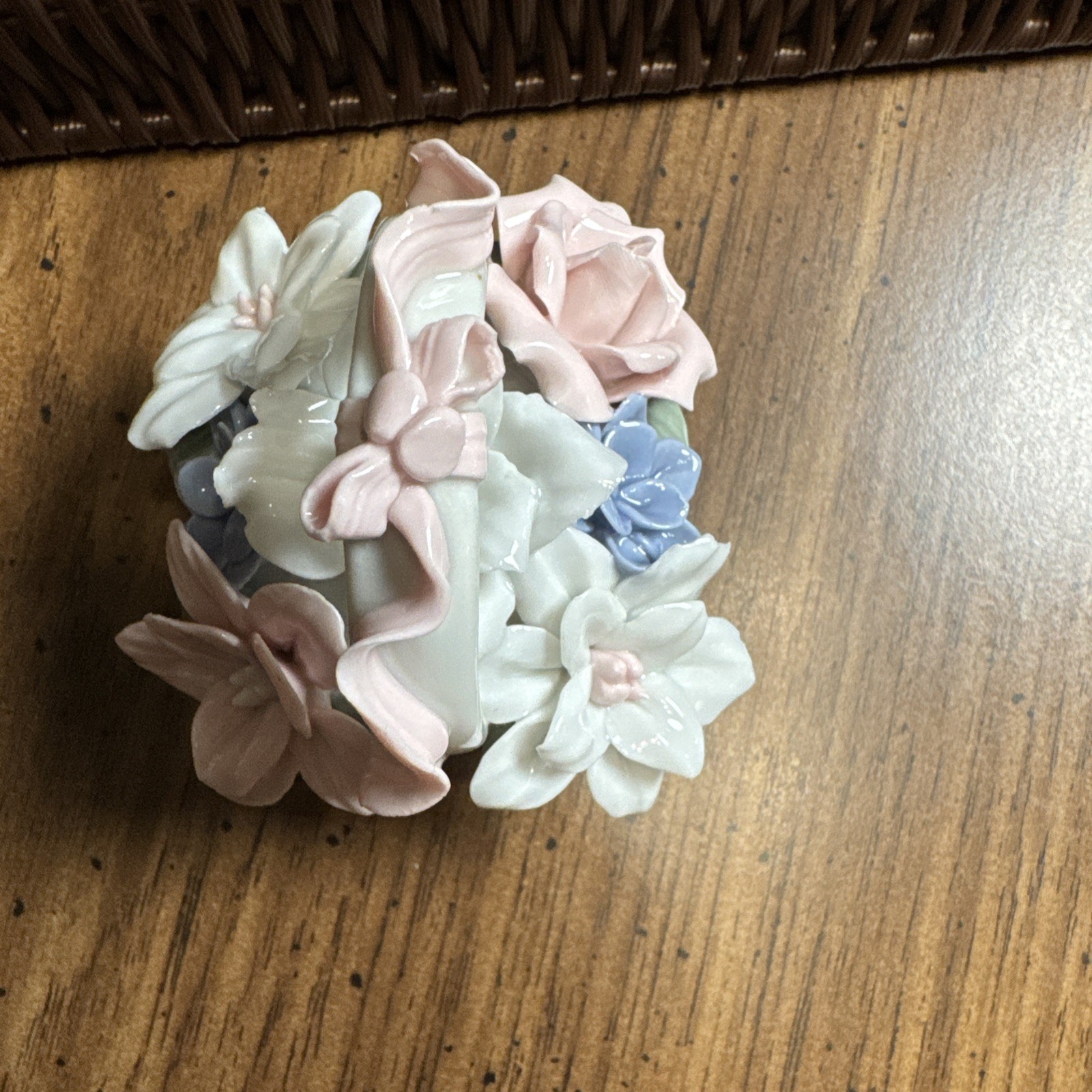 PORCELAIN BASKET OF FLOWERS glossy finish 3″ x 3.5″ In perfect shape!