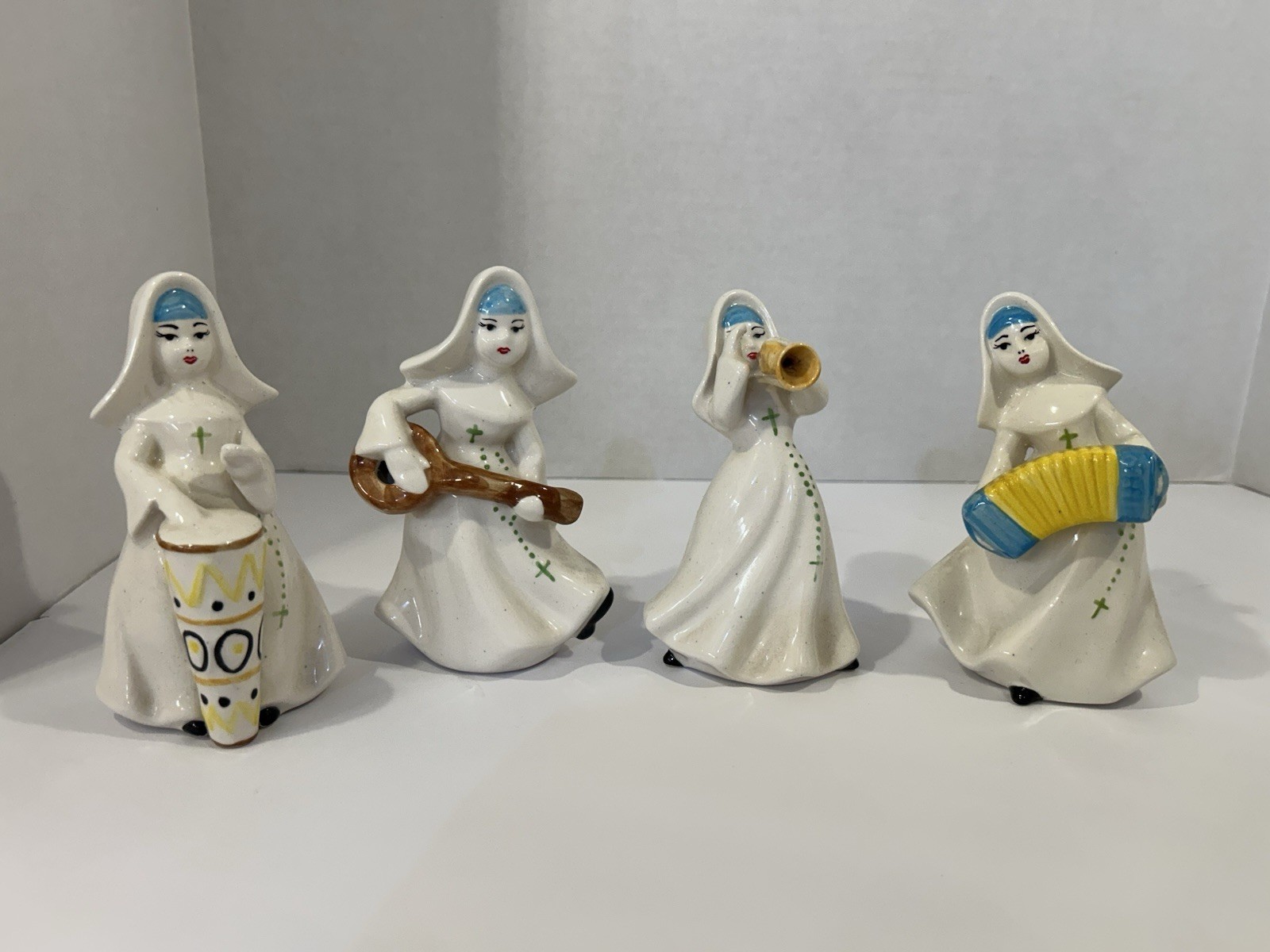 MCM/Vintage Nuns Playing Instruments Figurines, Set of 4 – See Description