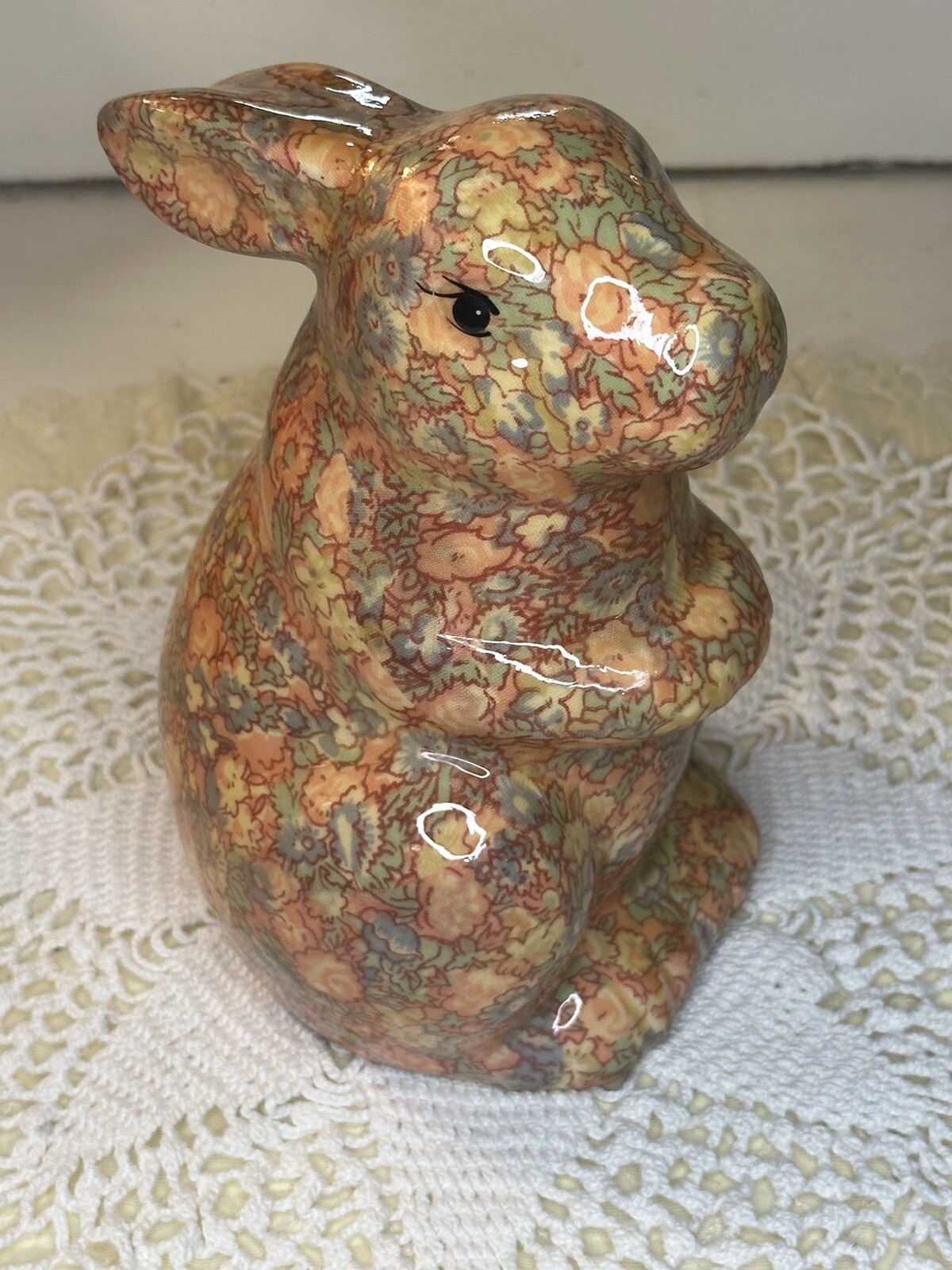 Vintage Decoupage Glazed Floral Bunny Rabbit Figurine