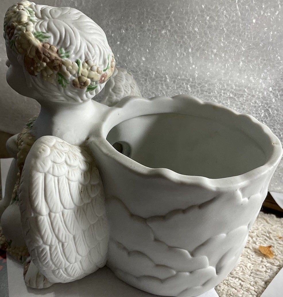 Cherub Angel 3 In. Bisque Porcelain Planter/ Candle Holder Shabby Chic NWOT